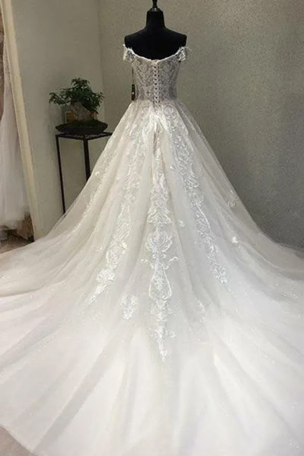 A-Line Off-the-Shoulder Short Sleeves Wedding Dress with Appliques WD226