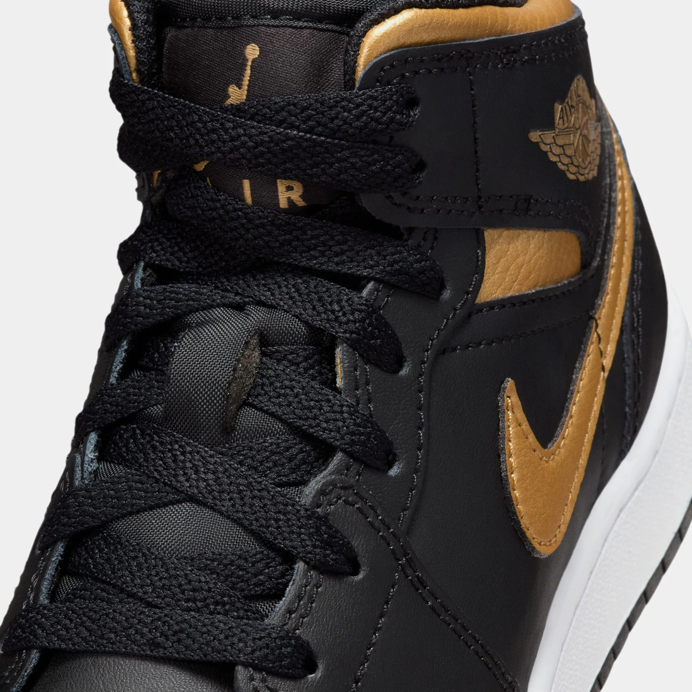 Air Jordan 1 Mid Grade School Lifestyle Shoes (Black/White/Metallic Gold)