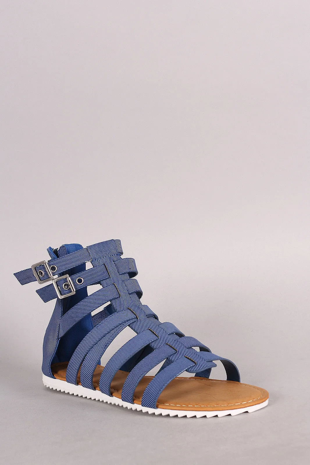 Bamboo Denim Print Strappy Lug Sole Flat Sandal