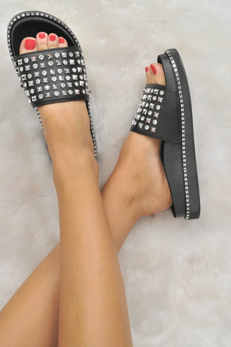 Black Studded Flatform Sandals - Shira