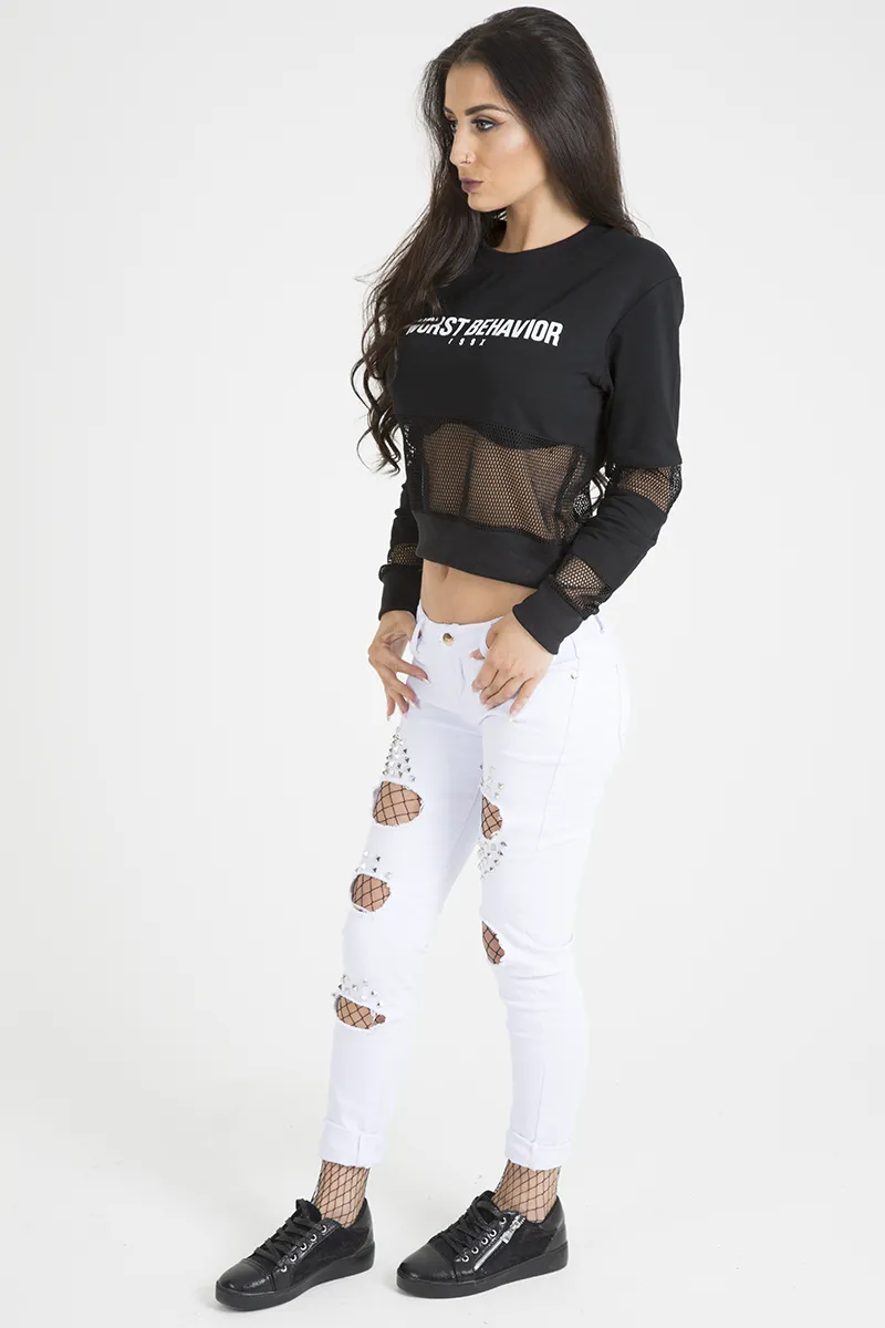 Black Worst Behavior Slogan Cropped Jumper - Adina