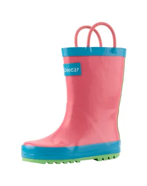 CHILDREN’S RUBBER RAIN BOOTS PINK BLUE & GREEN NEON