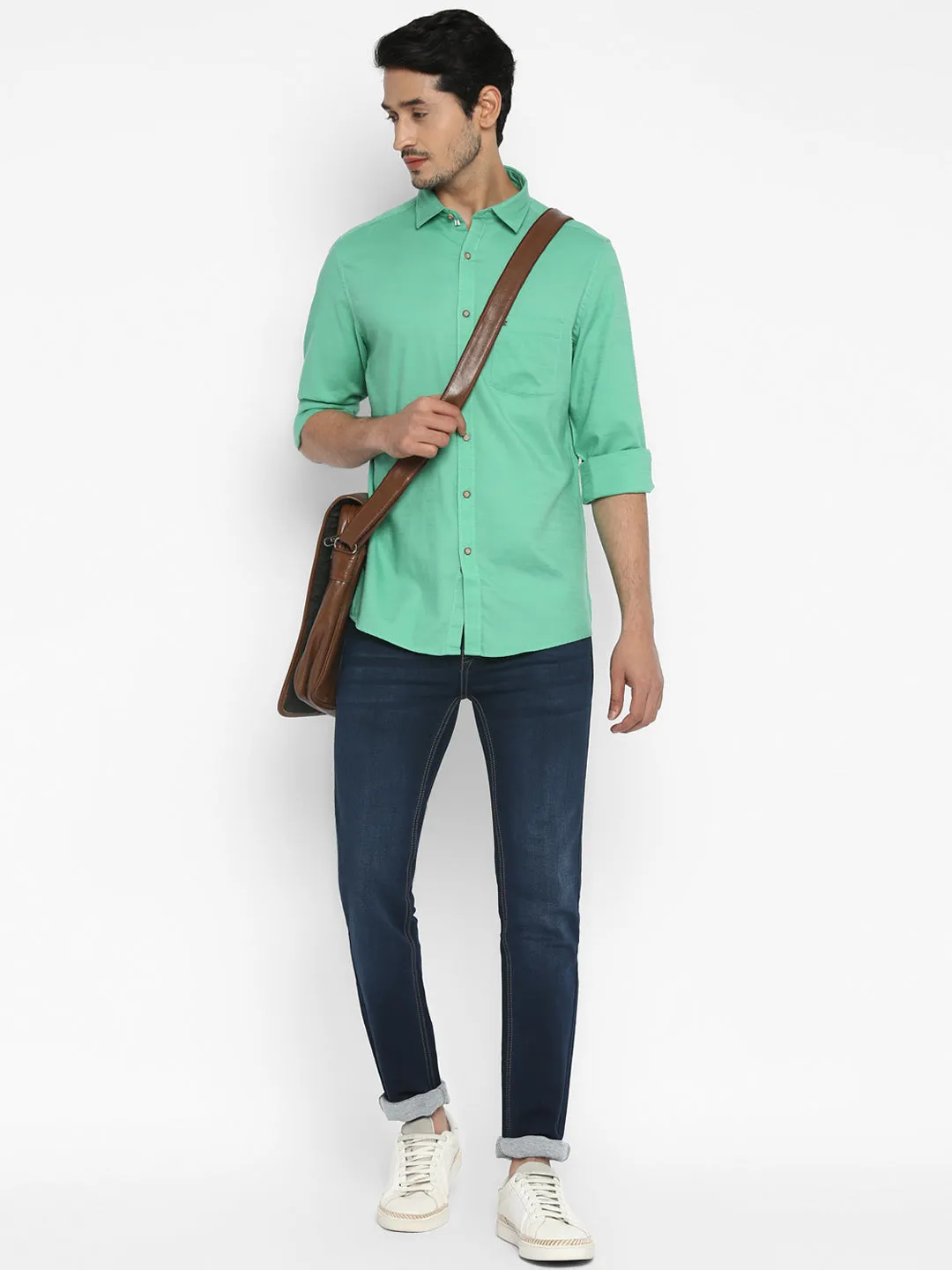 Cotton Sea Green Slim Fit Solid Casual Shirt