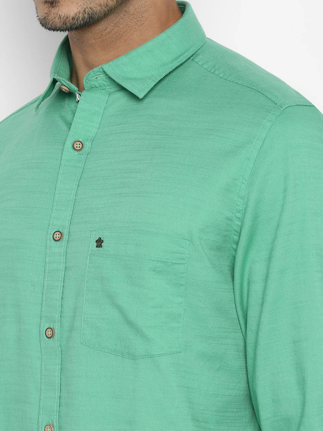 Cotton Sea Green Slim Fit Solid Casual Shirt