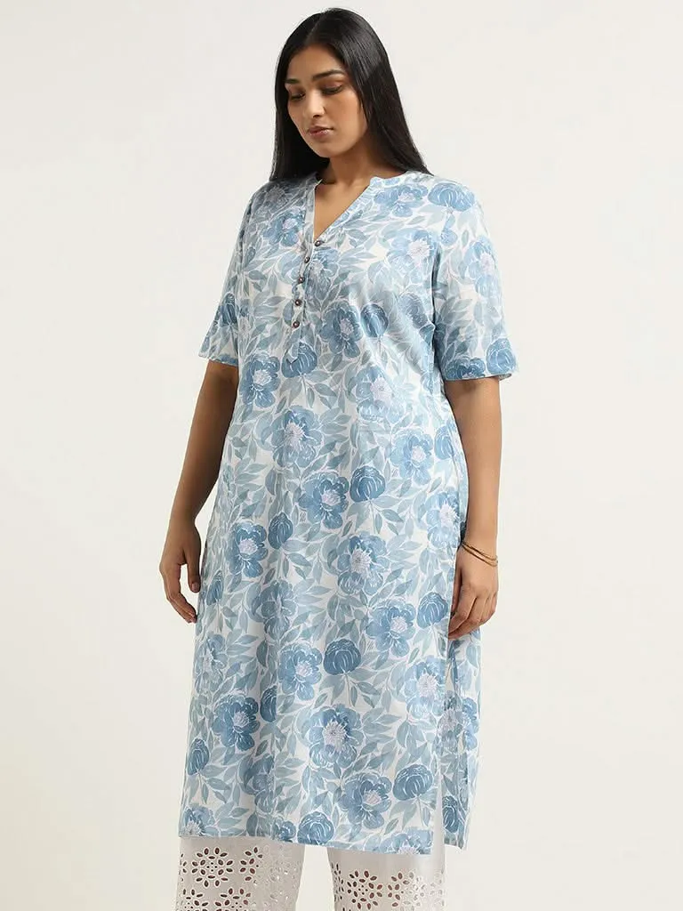 Diza Blue Floral Printed Cotton Kurta