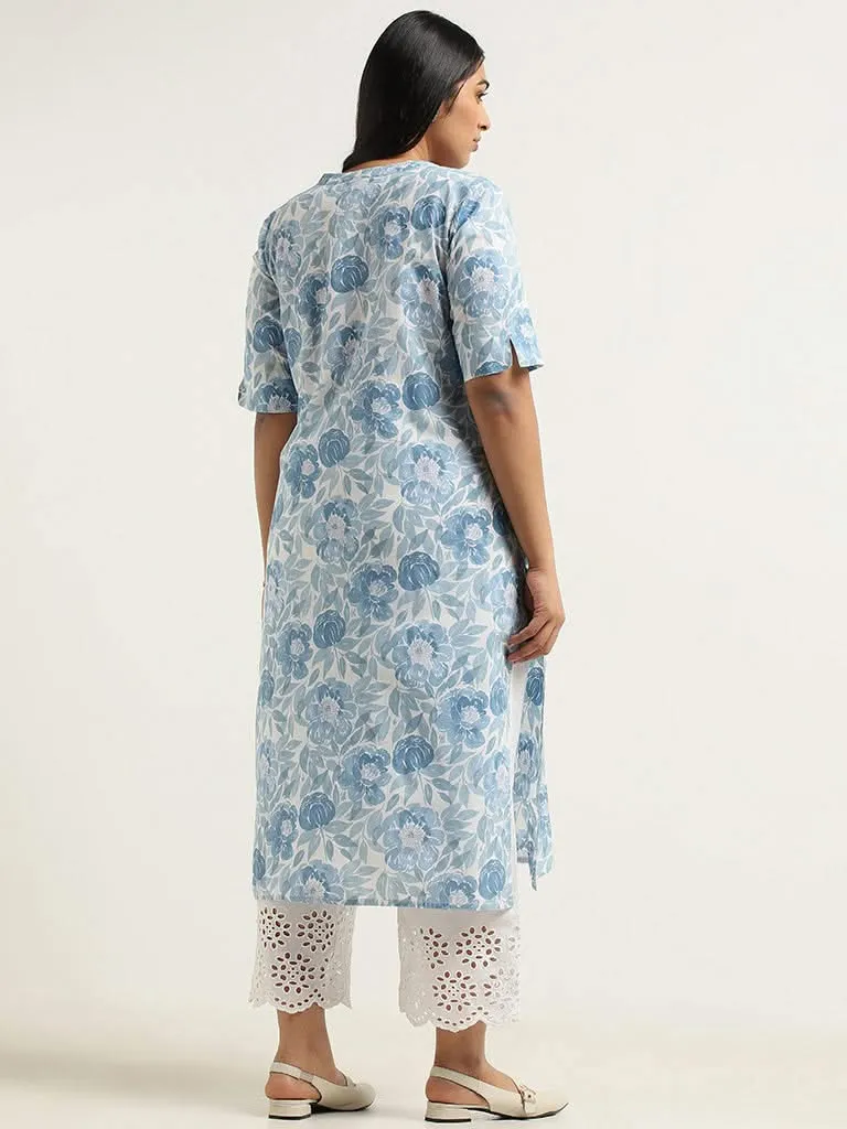 Diza Blue Floral Printed Cotton Kurta