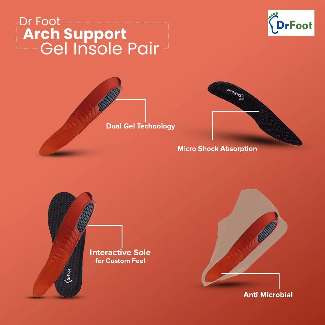 Dr Foot Arch Support Gel Insole Pair | For All-Day Comfort | Shoe Inserts for Flat Feet, High Arch, Foot Pain | Full-Length Orthotics | For Men & Women – 1 Pair (Large Size) (Pack of 2)