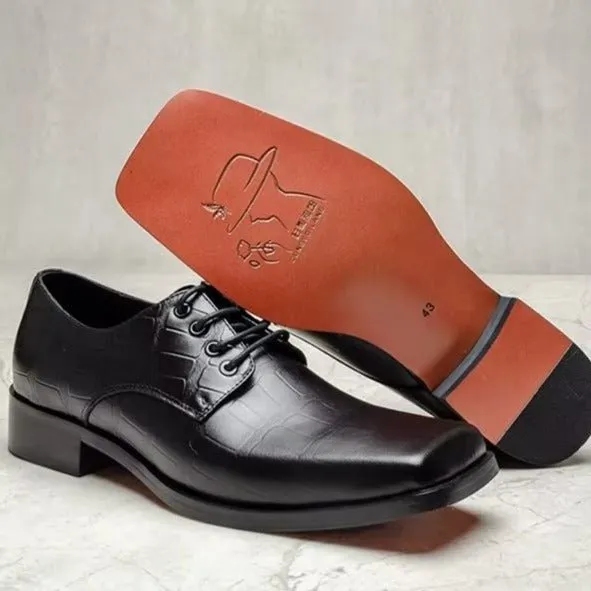 Elegant Embossed Leather Square Toe Lace-Up Dress Shoes