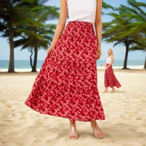 Floral Shirred Waist Skirt - Red