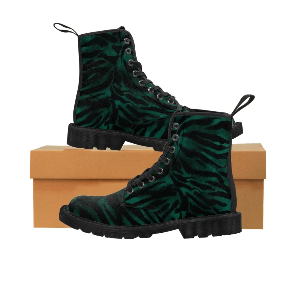 Green Tiger Striped Men's Boots, Best Hiking Animal Print Winter Boots Laced Up Shoes For Men