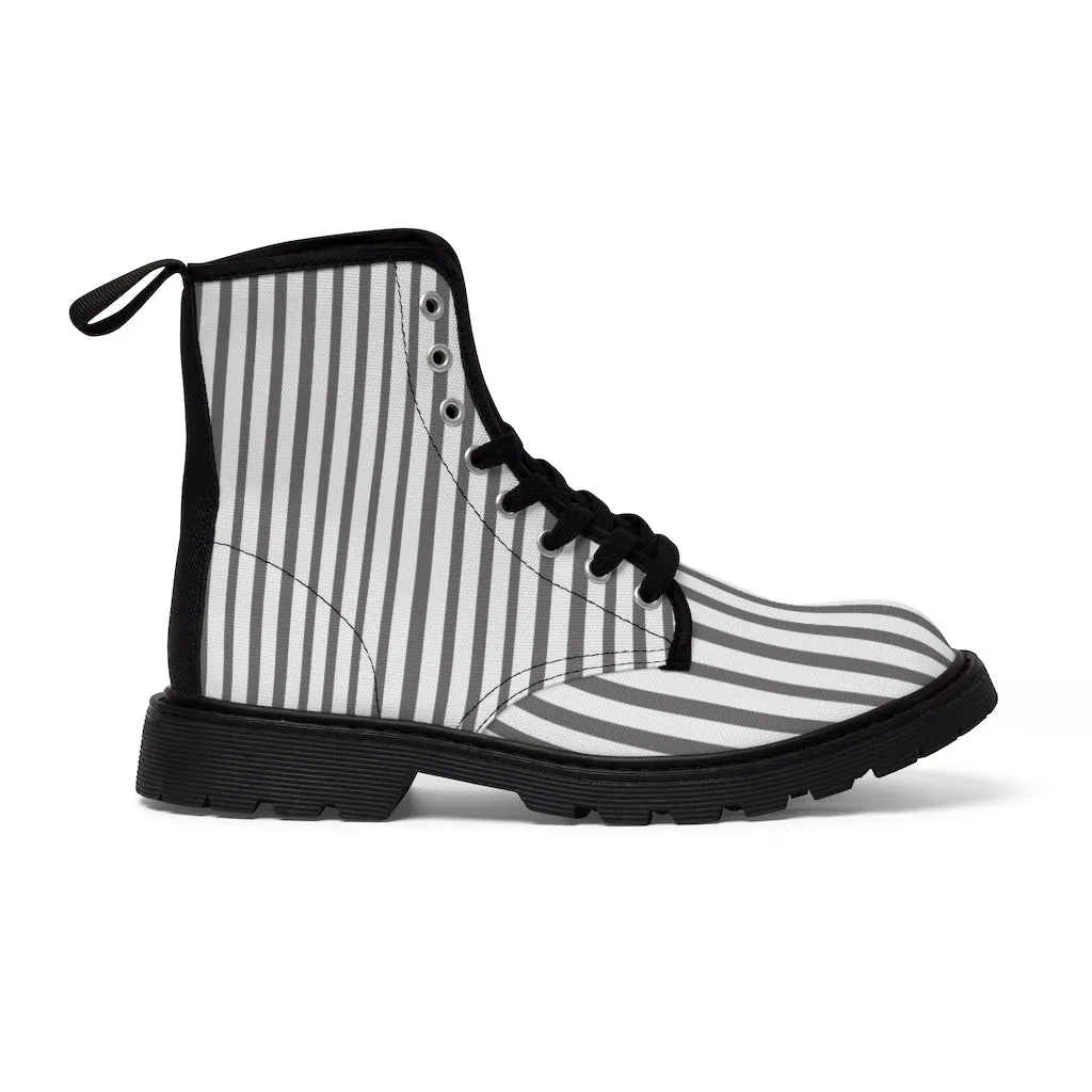 Grey Striped Print Men's Boots, White Stripes Best Hiking Winter Boots Laced Up Shoes For Men