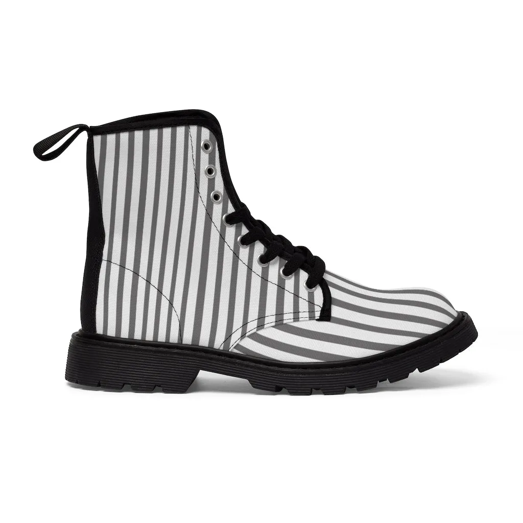 Grey Striped Print Men's Boots, White Stripes Best Hiking Winter Boots Laced Up Shoes For Men