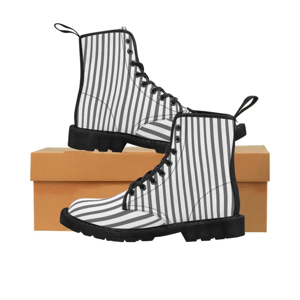 Grey Striped Print Men's Boots, White Stripes Best Hiking Winter Boots Laced Up Shoes For Men