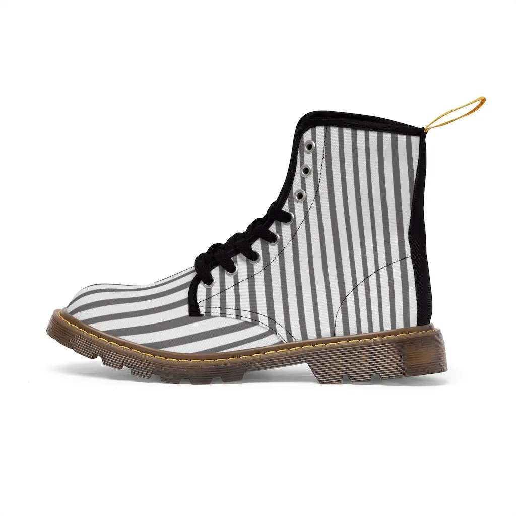 Grey Striped Print Men's Boots, White Stripes Best Hiking Winter Boots Laced Up Shoes For Men