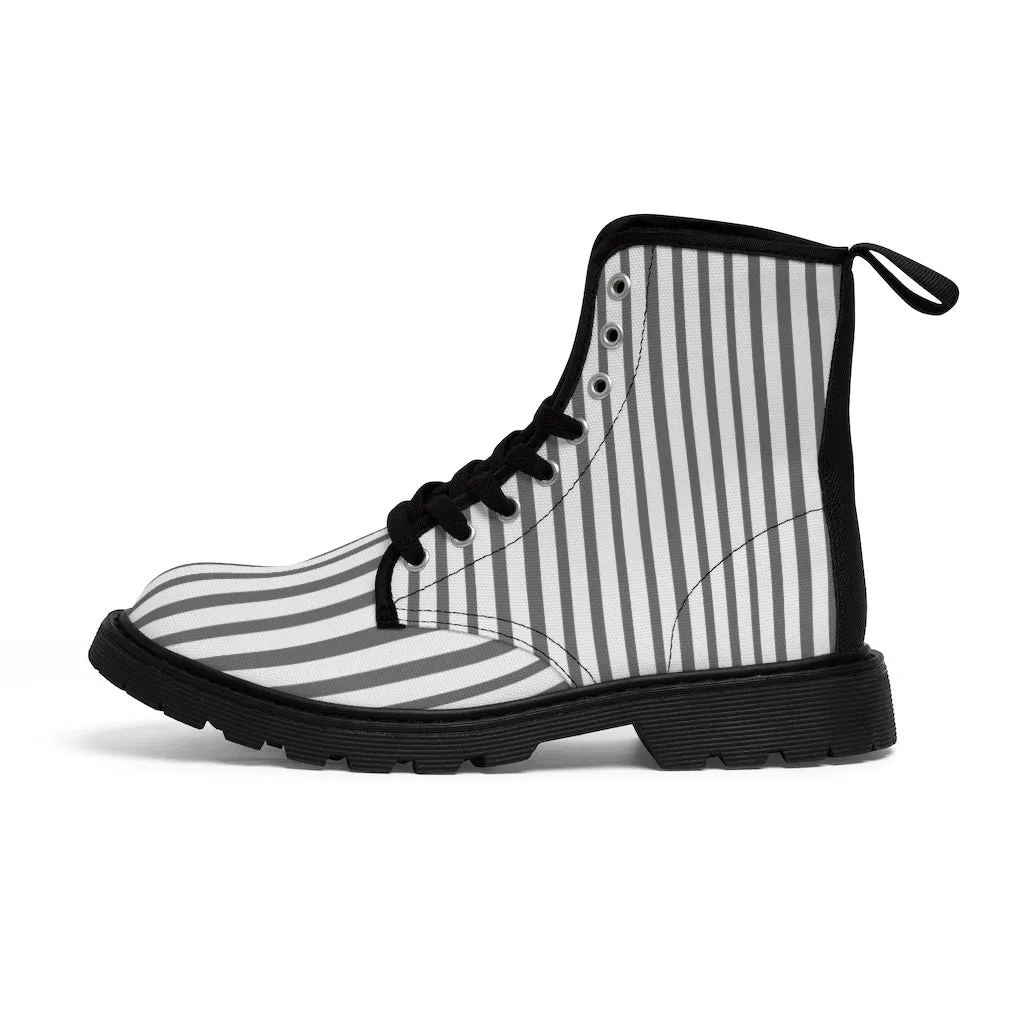 Grey Striped Print Men's Boots, White Stripes Best Hiking Winter Boots Laced Up Shoes For Men