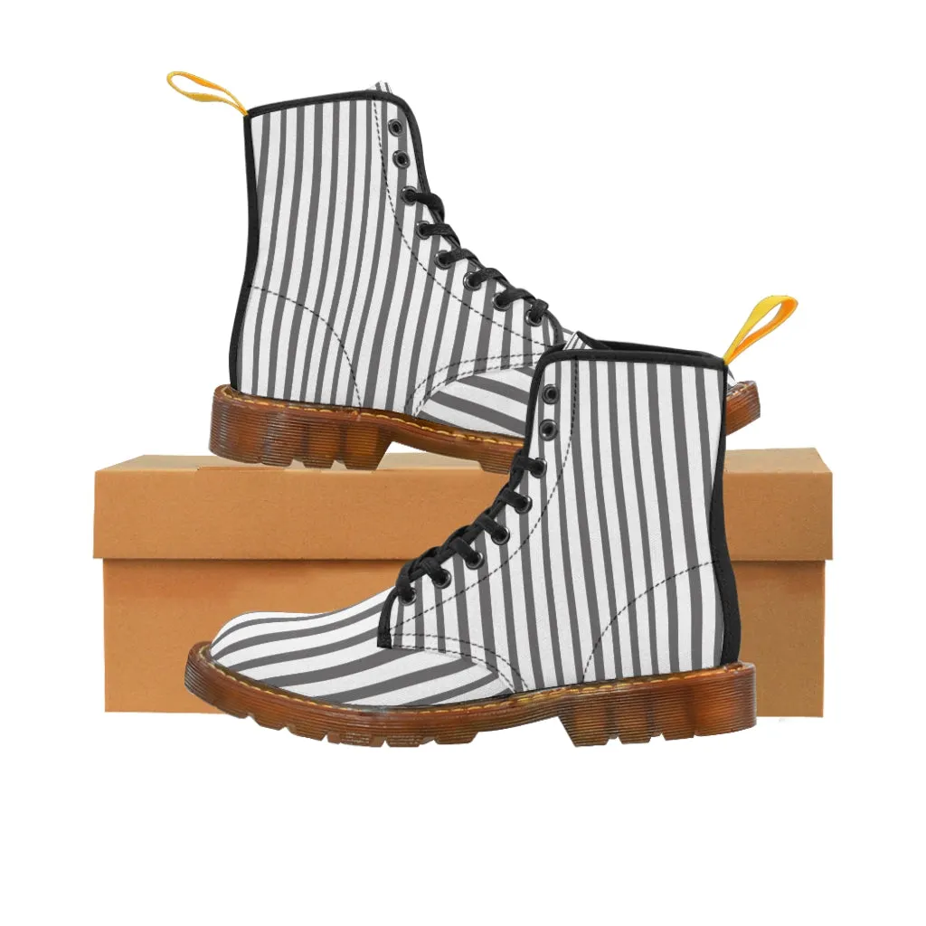 Grey Striped Print Men's Boots, White Stripes Best Hiking Winter Boots Laced Up Shoes For Men