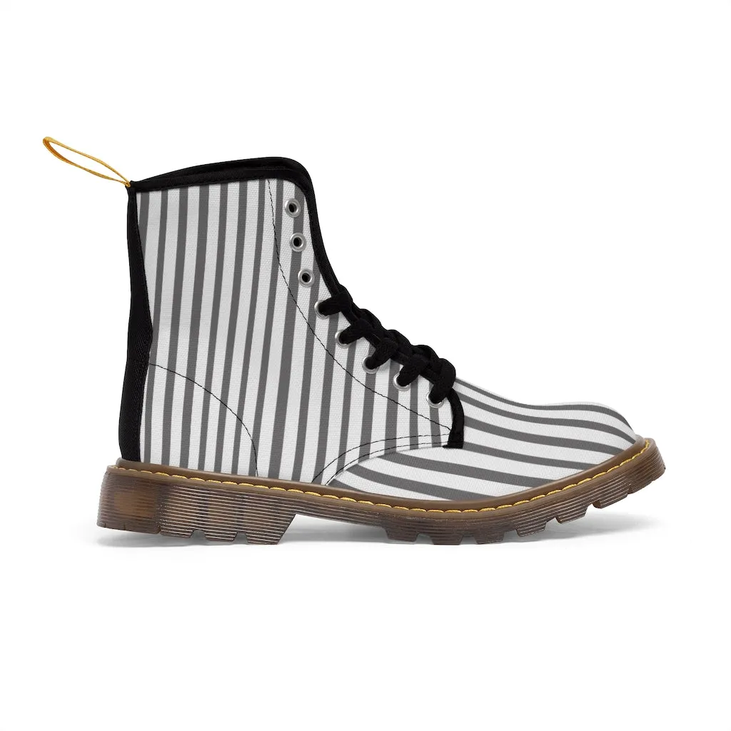 Grey Striped Print Men's Boots, White Stripes Best Hiking Winter Boots Laced Up Shoes For Men