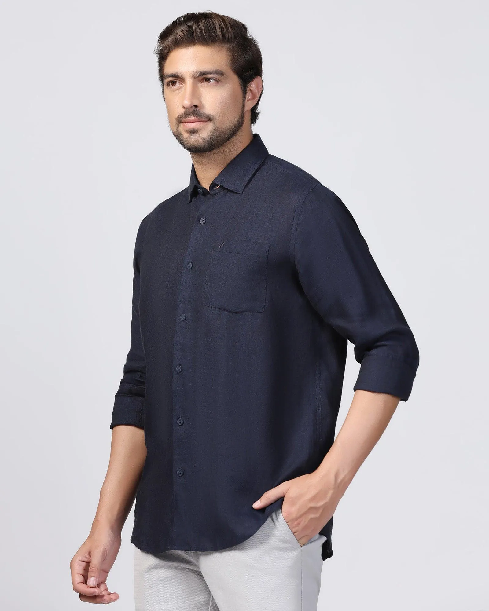 Linen Casual Navy Solid Shirt - Xander