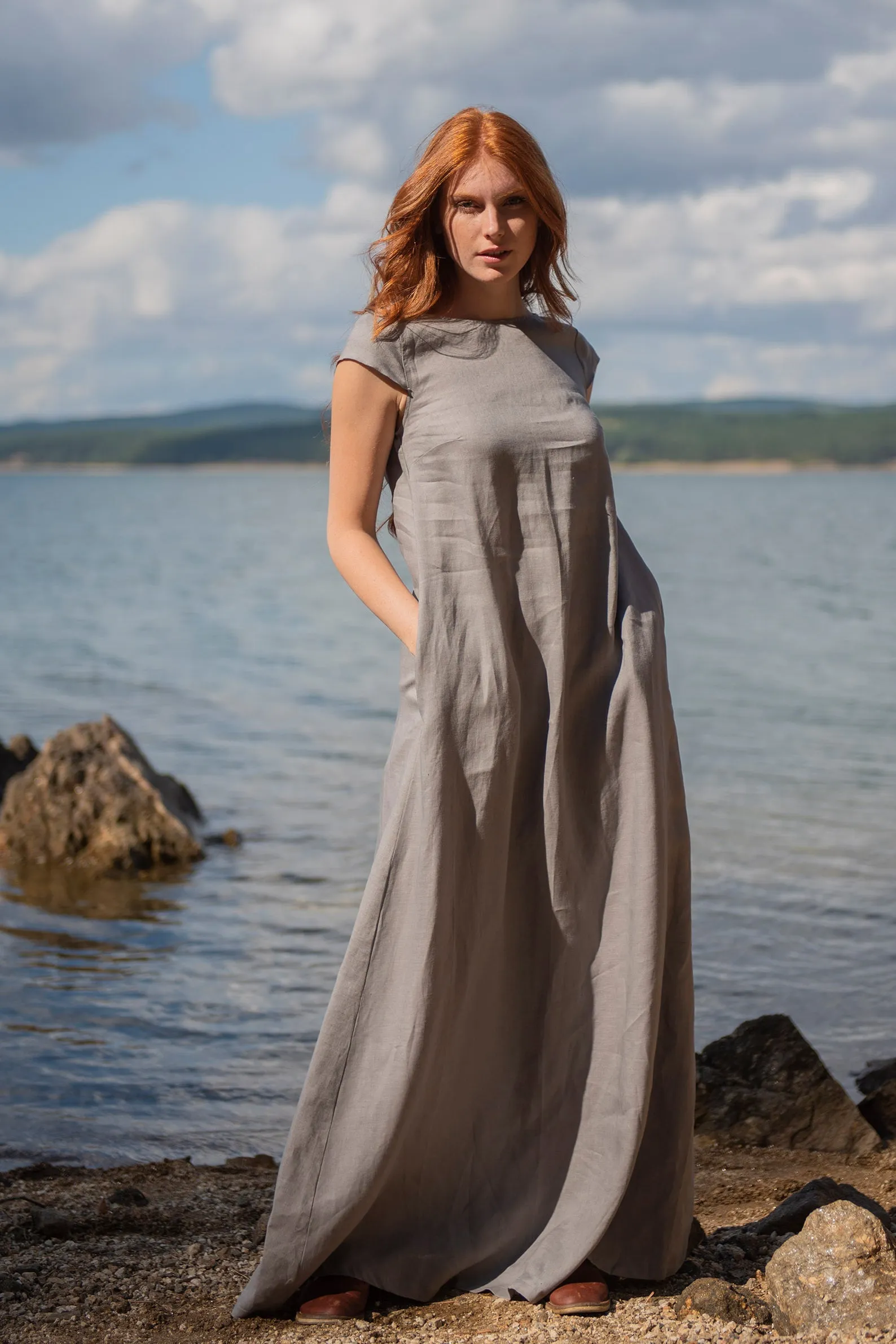 Long Linen Dress with Cap Sleeves