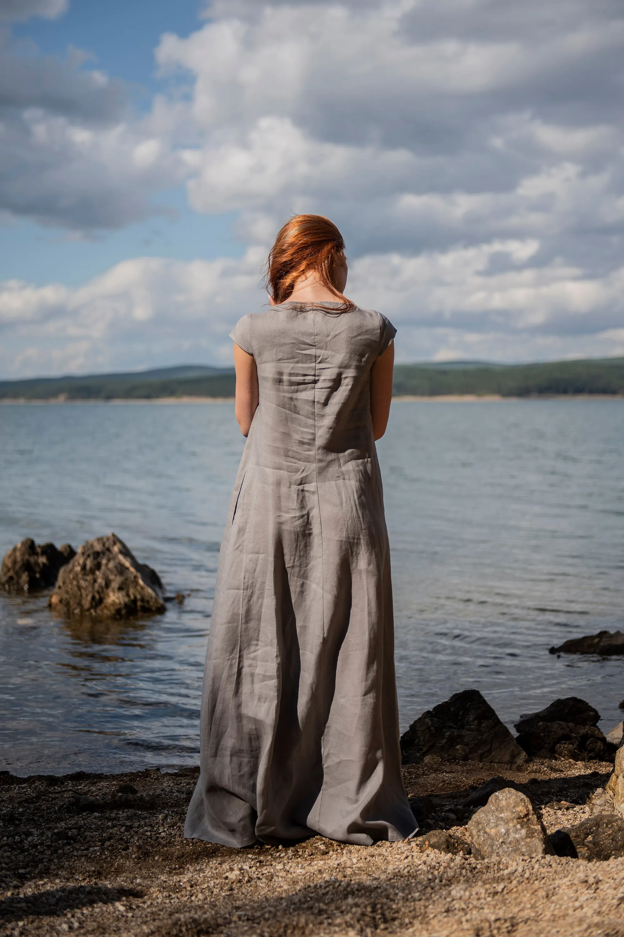 Long Linen Dress with Cap Sleeves