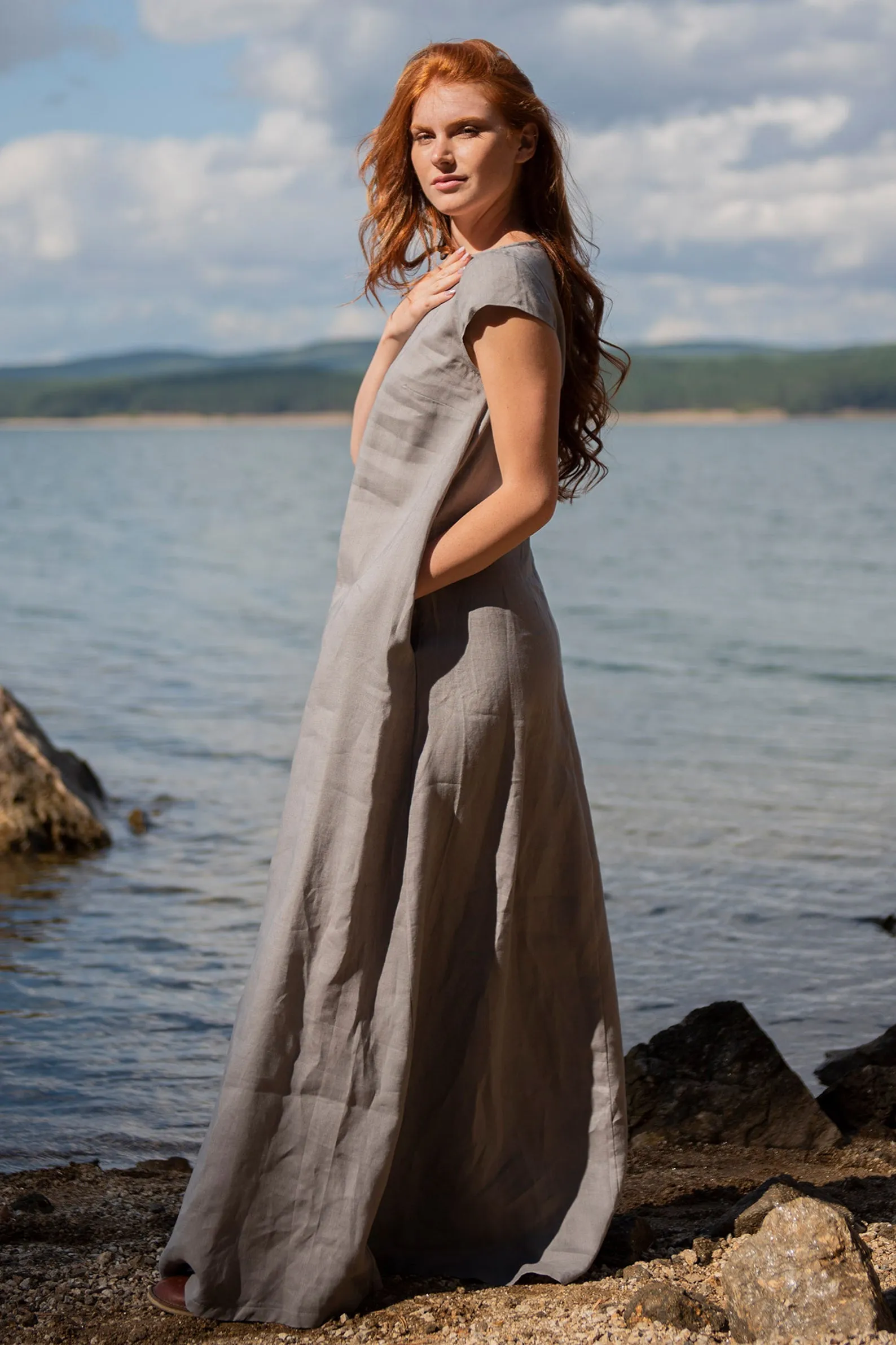 Long Linen Dress with Cap Sleeves