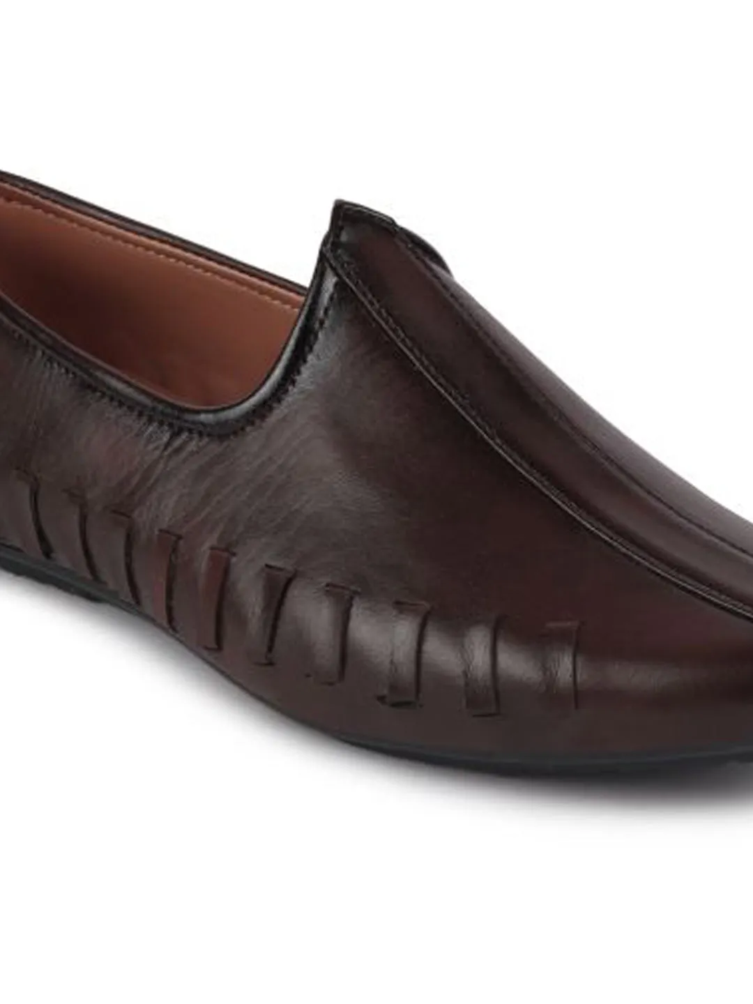 Men Brown Ethnic Slip-On Stitched Jutis & Mojaris