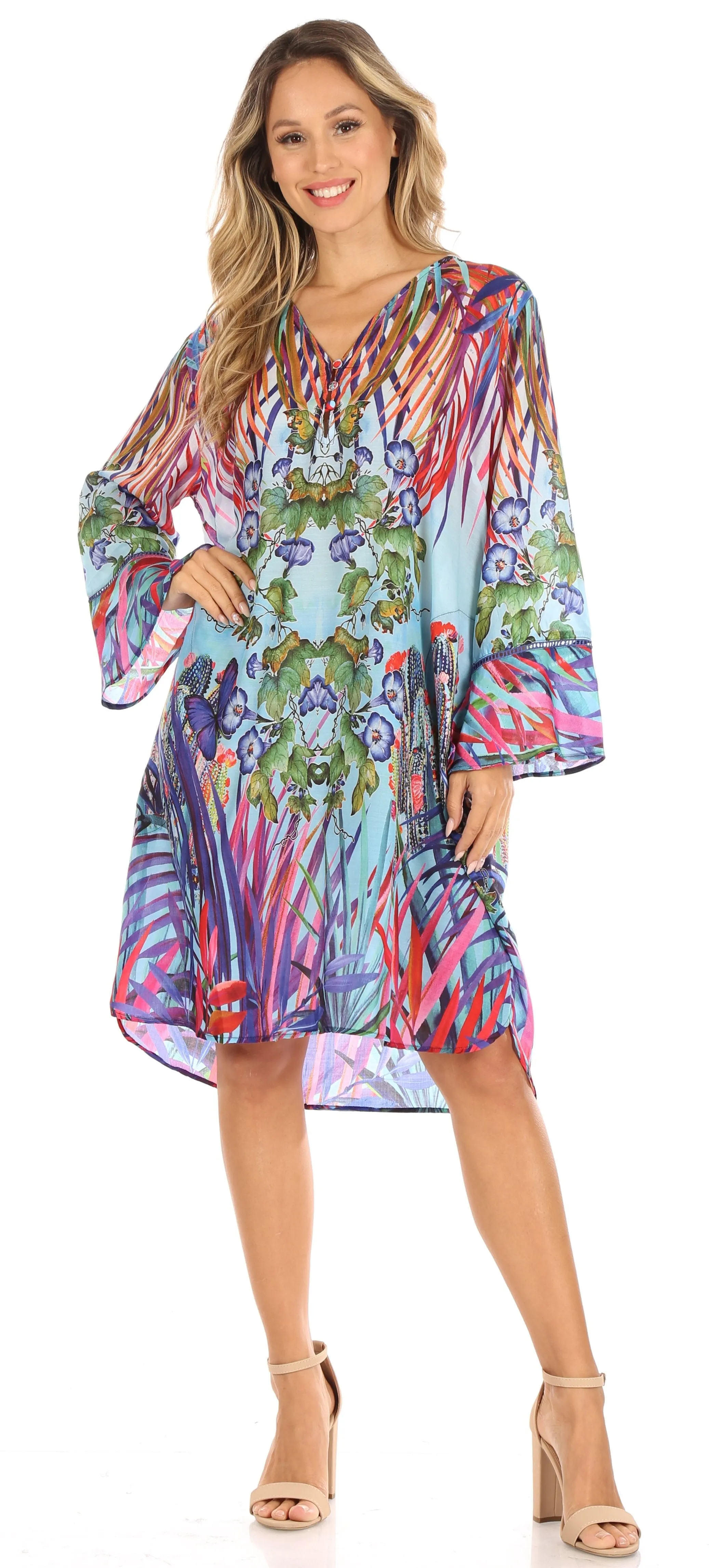 Sakkas Ximena Women's Floral Boho Cocktail Dress Tunic Cover-up V neck Summer