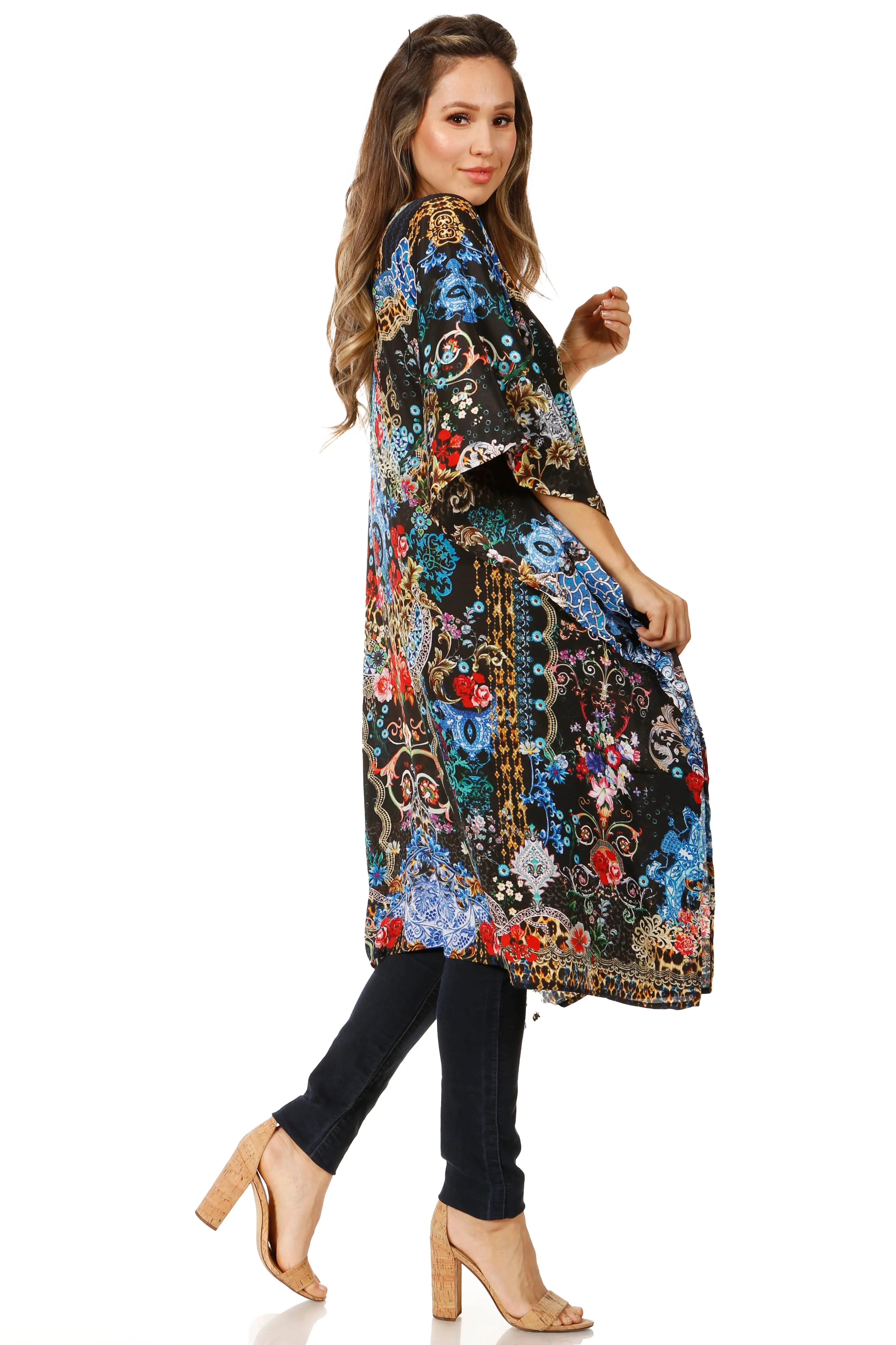 Sakkas Zeni Women's Short sleeve V-neck Summer Floral Print Caftan Dress Cover-up