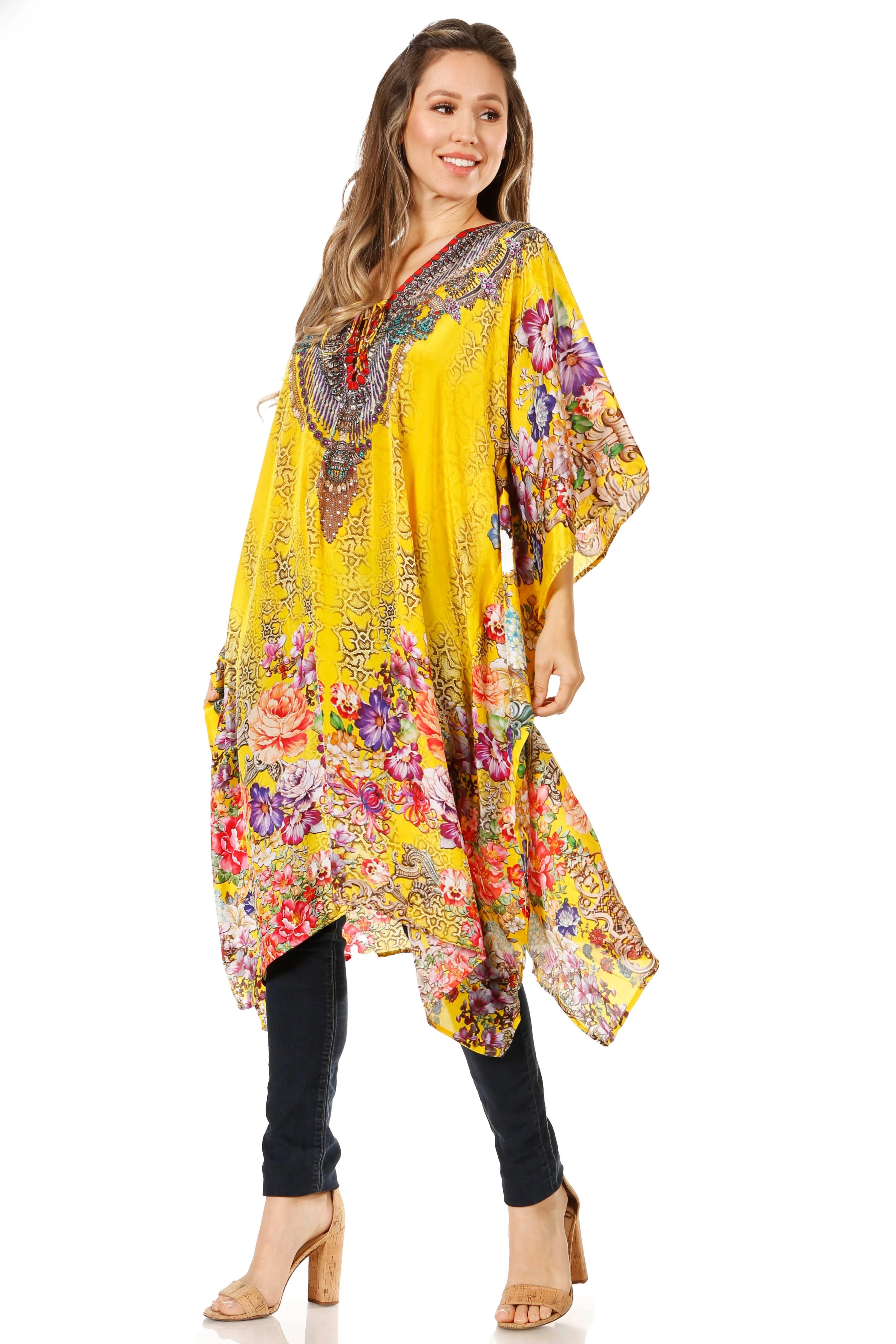 Sakkas Zeni Women's Short sleeve V-neck Summer Floral Print Caftan Dress Cover-up