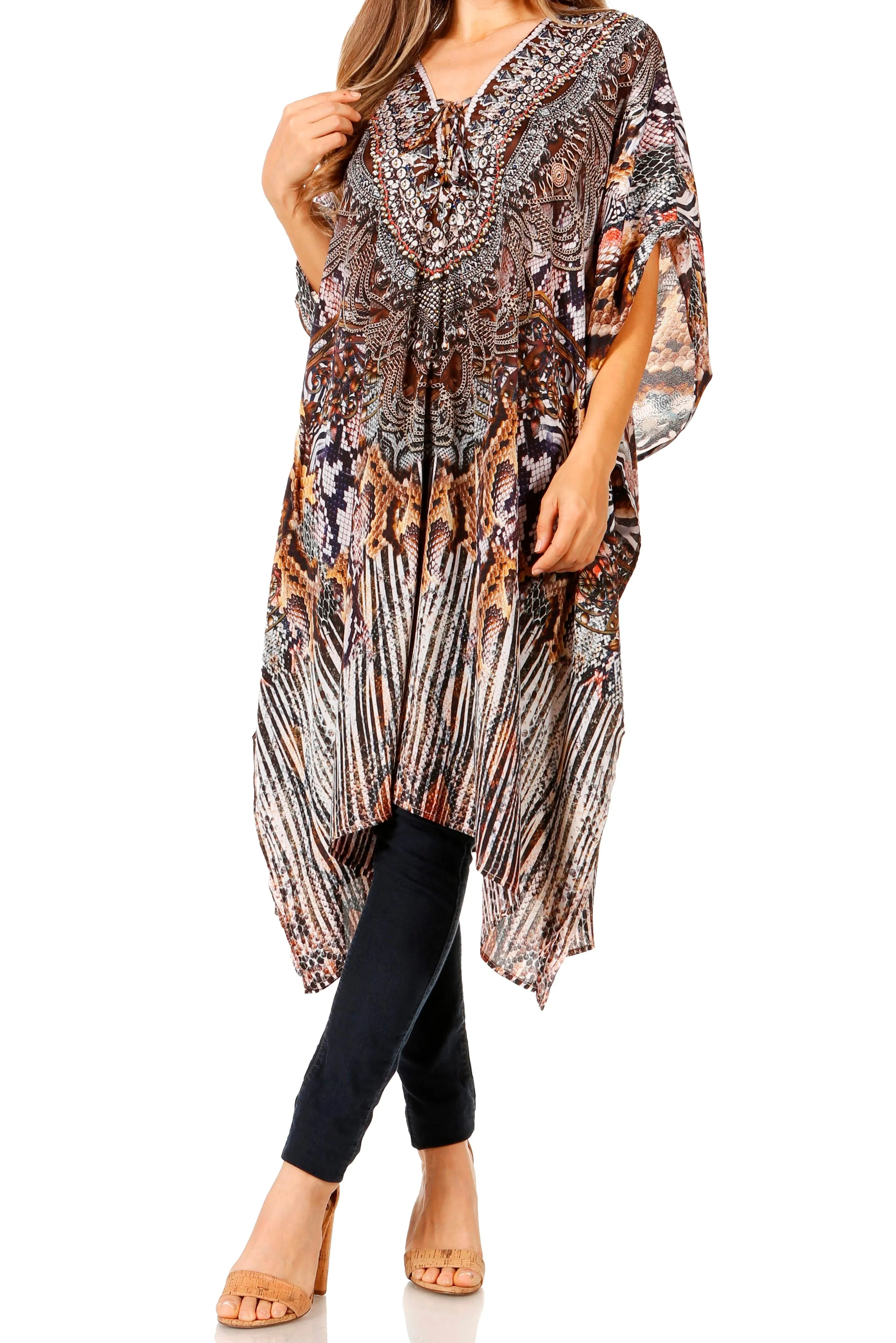 Sakkas Zeni Women's Short sleeve V-neck Summer Floral Print Caftan Dress Cover-up