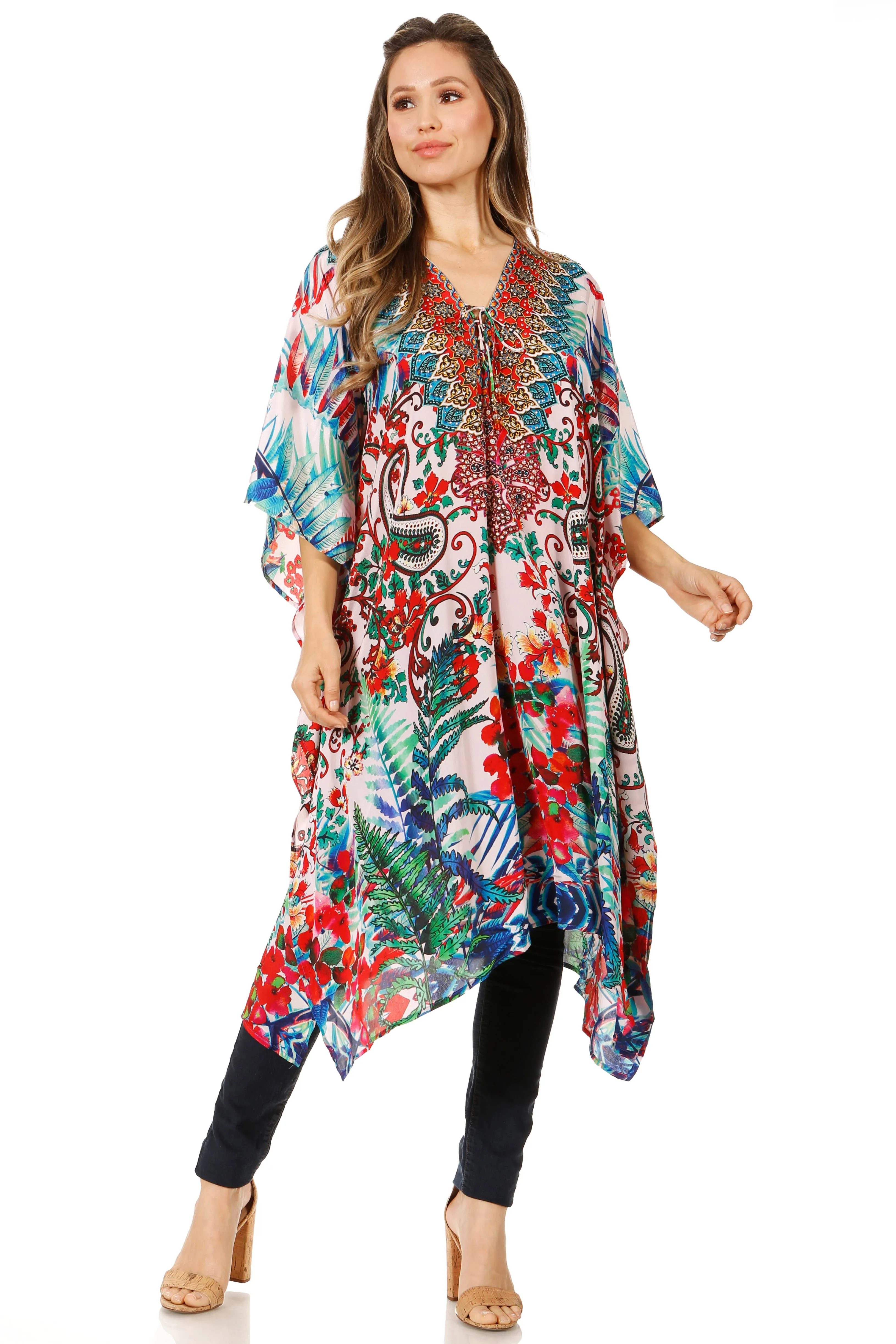 Sakkas Zeni Women's Short sleeve V-neck Summer Floral Print Caftan Dress Cover-up