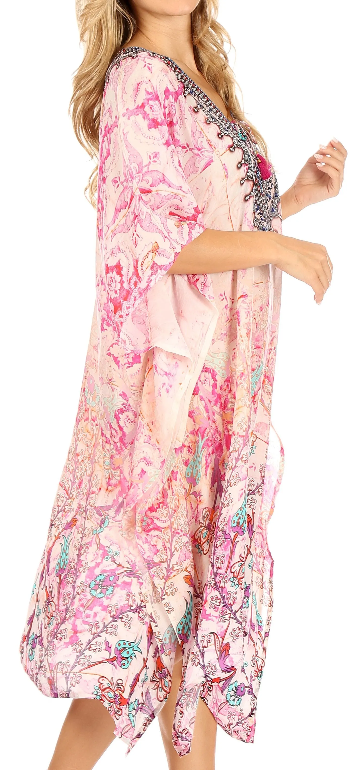 Sakkas Zeni Women's Short sleeve V-neck Summer Floral Print Caftan Dress Cover-up