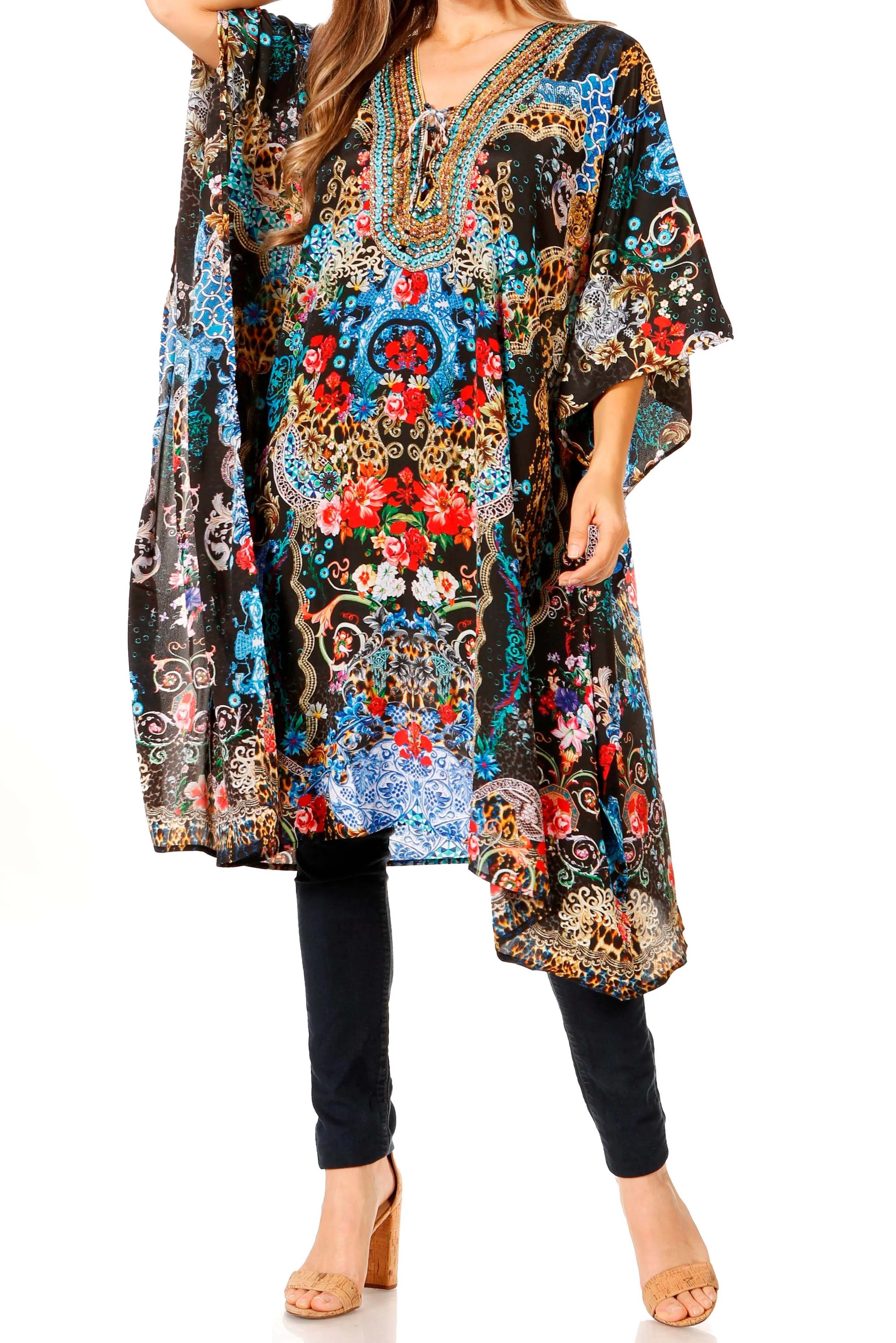 Sakkas Zeni Women's Short sleeve V-neck Summer Floral Print Caftan Dress Cover-up