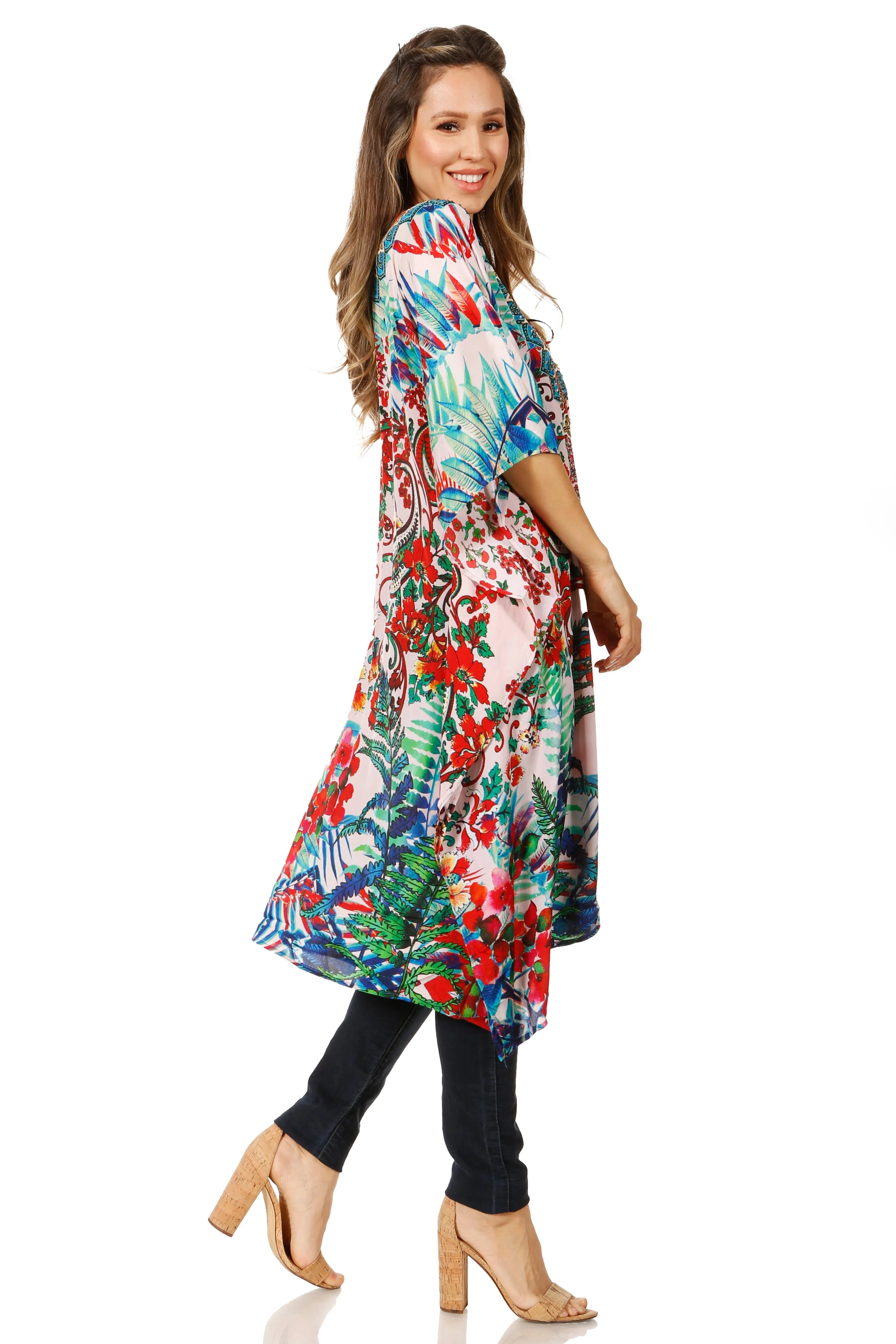 Sakkas Zeni Women's Short sleeve V-neck Summer Floral Print Caftan Dress Cover-up