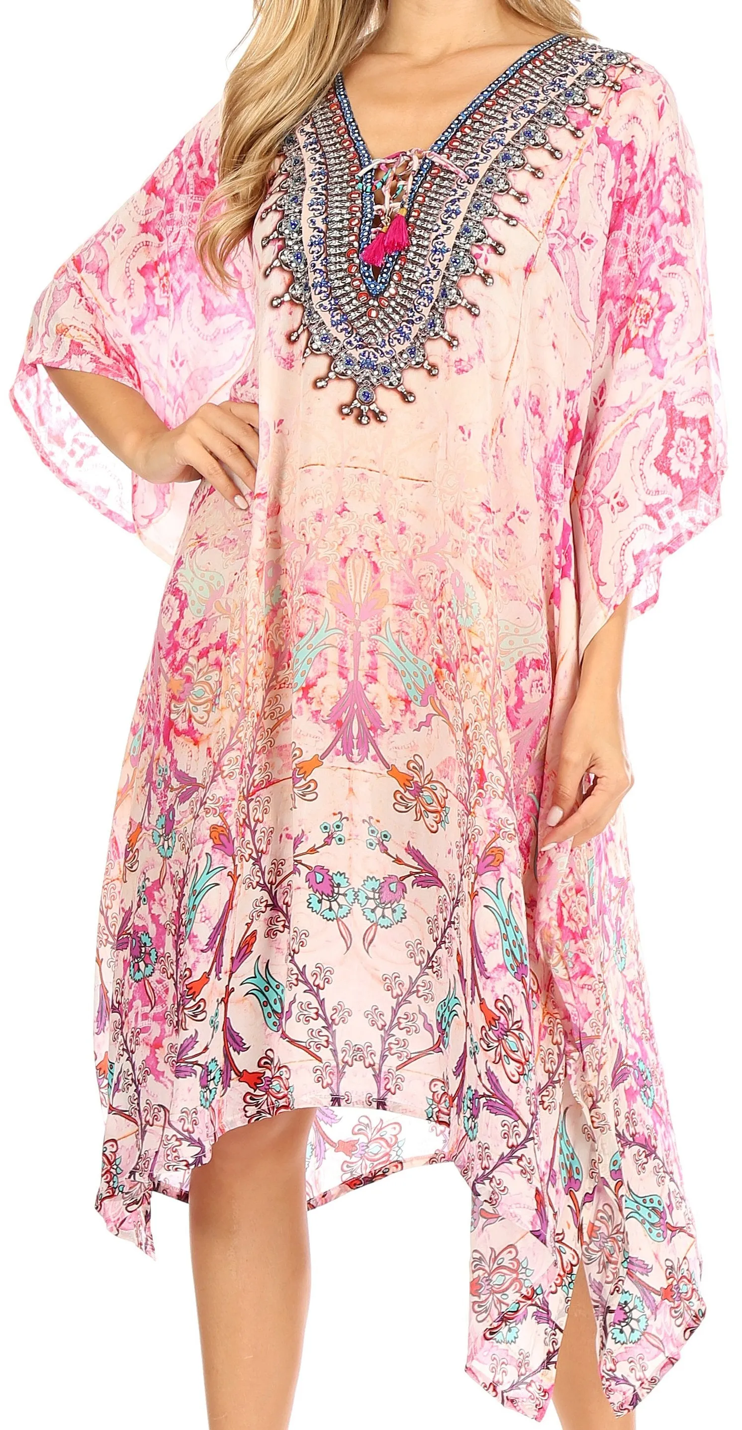 Sakkas Zeni Women's Short sleeve V-neck Summer Floral Print Caftan Dress Cover-up