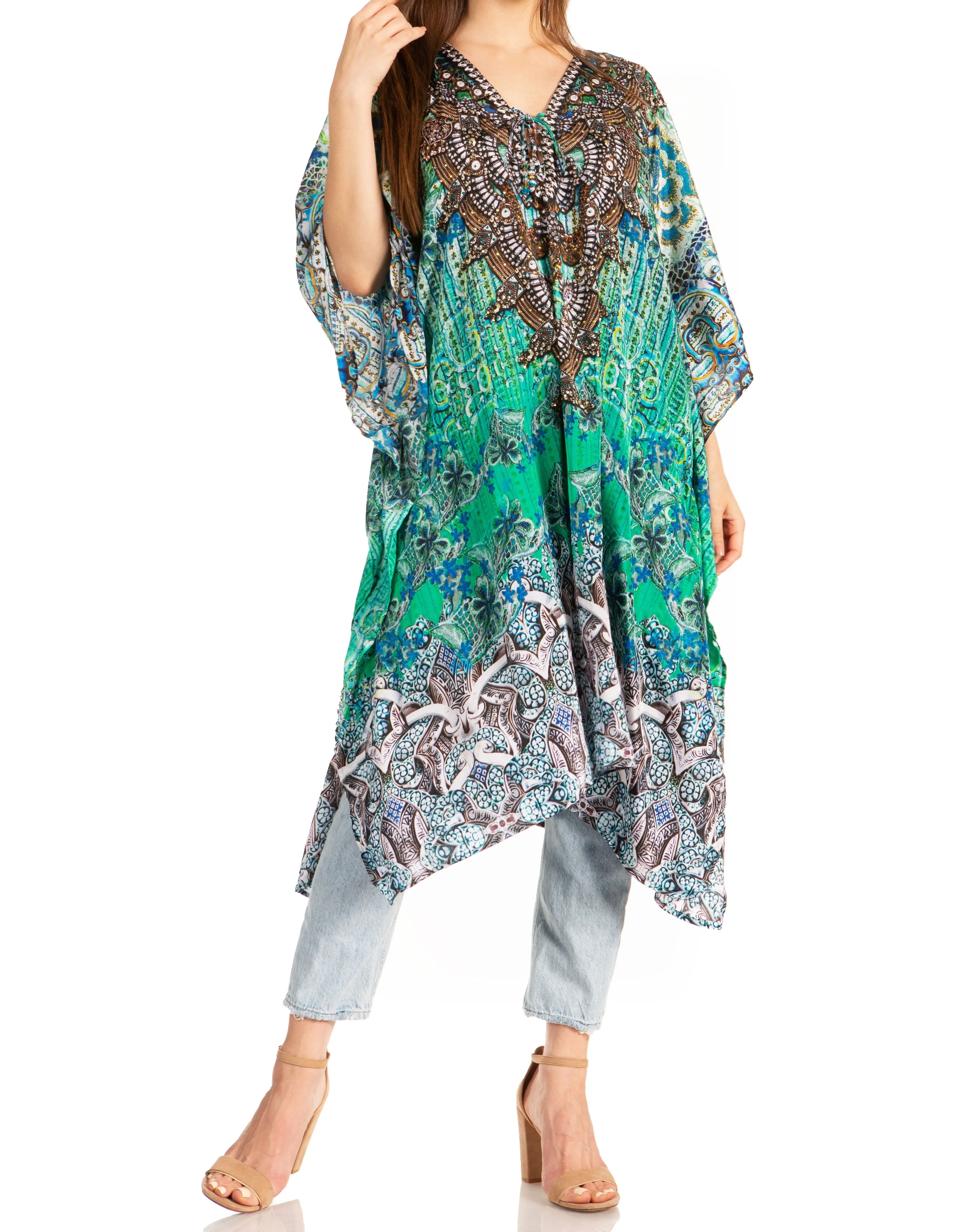 Sakkas Zeni Women's Short sleeve V-neck Summer Floral Print Caftan Dress Cover-up