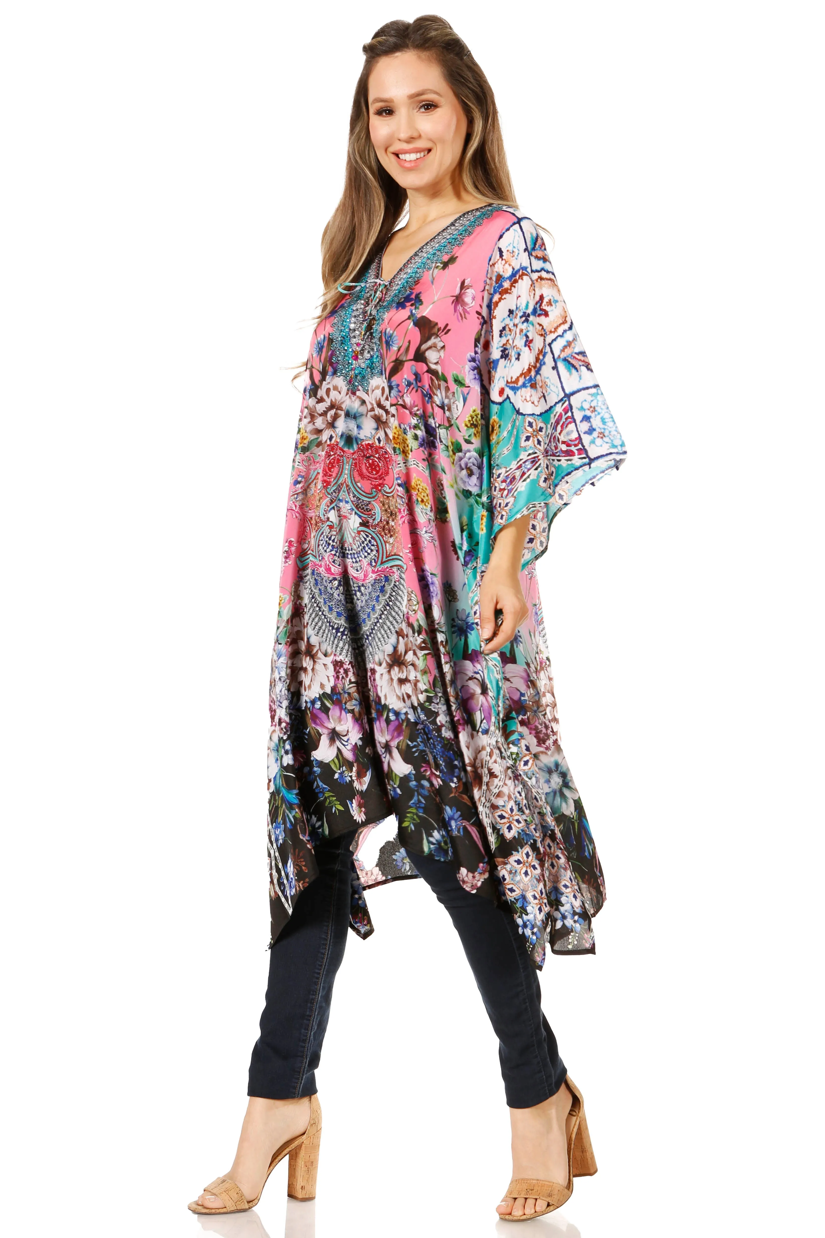 Sakkas Zeni Women's Short sleeve V-neck Summer Floral Print Caftan Dress Cover-up