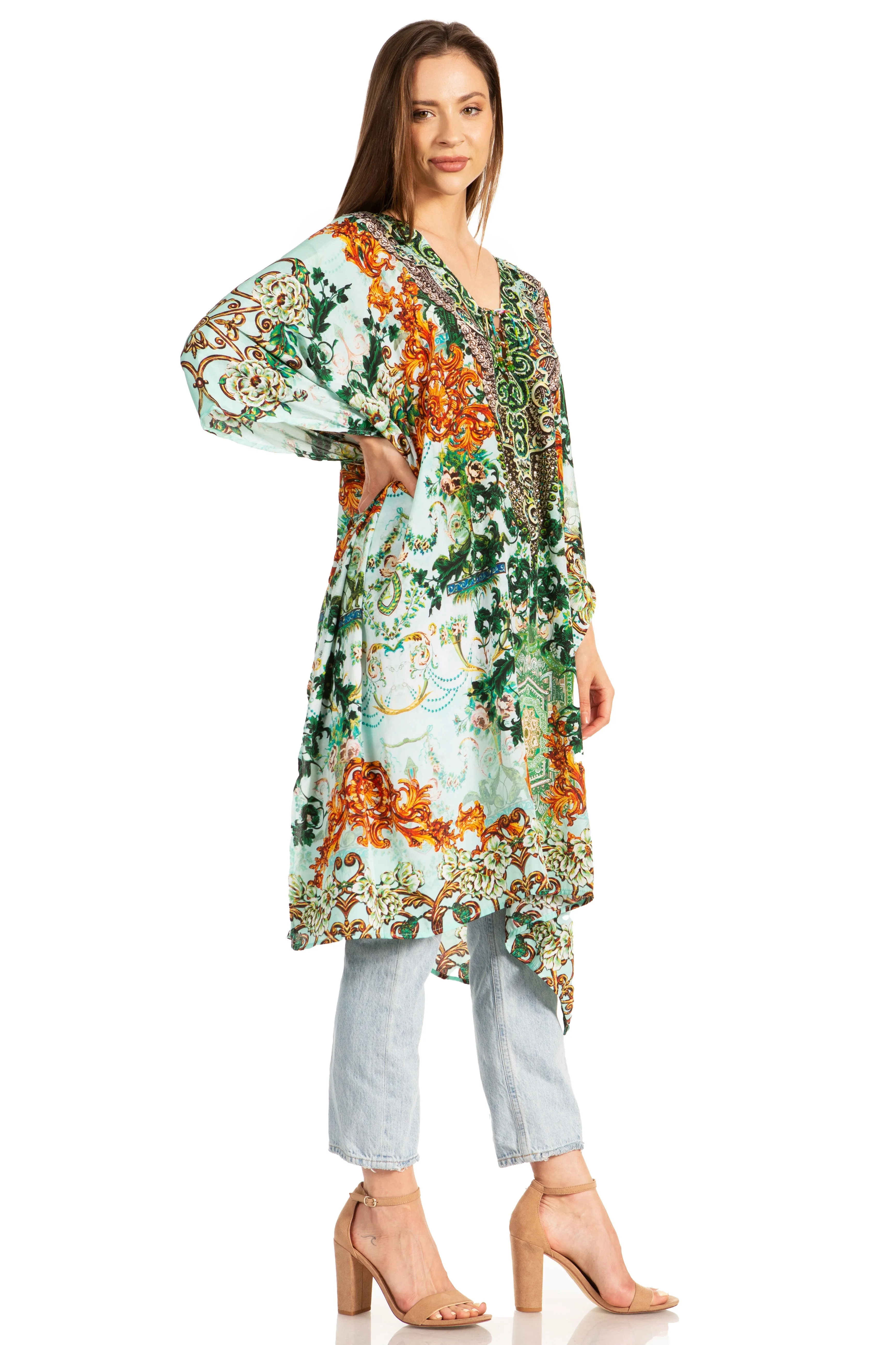 Sakkas Zeni Women's Short sleeve V-neck Summer Floral Print Caftan Dress Cover-up