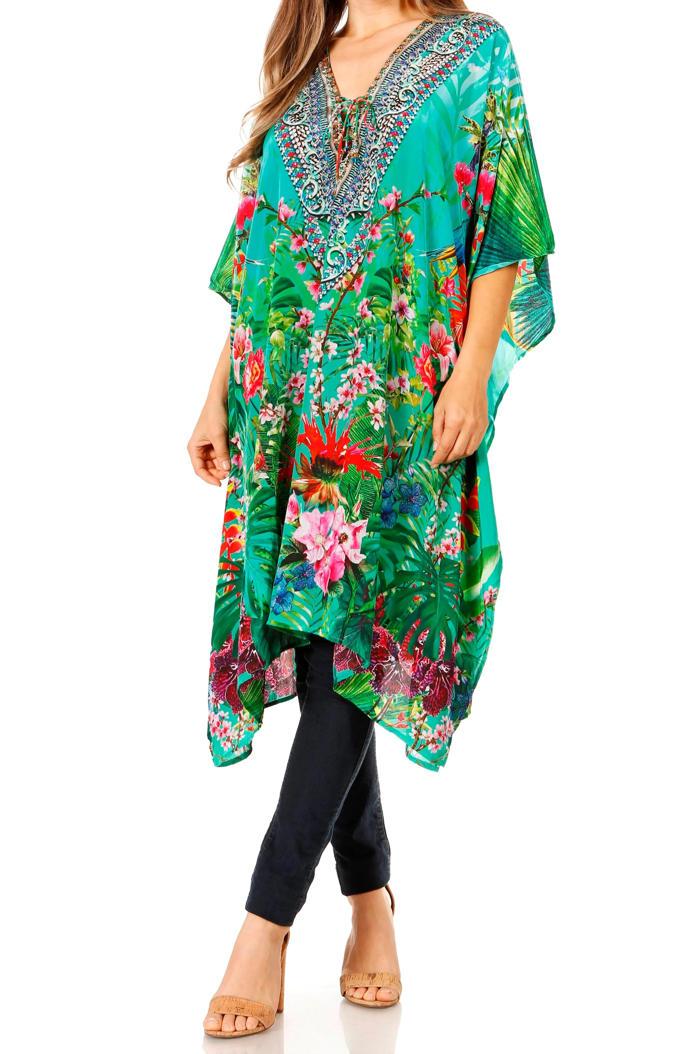 Sakkas Zeni Women's Short sleeve V-neck Summer Floral Print Caftan Dress Cover-up