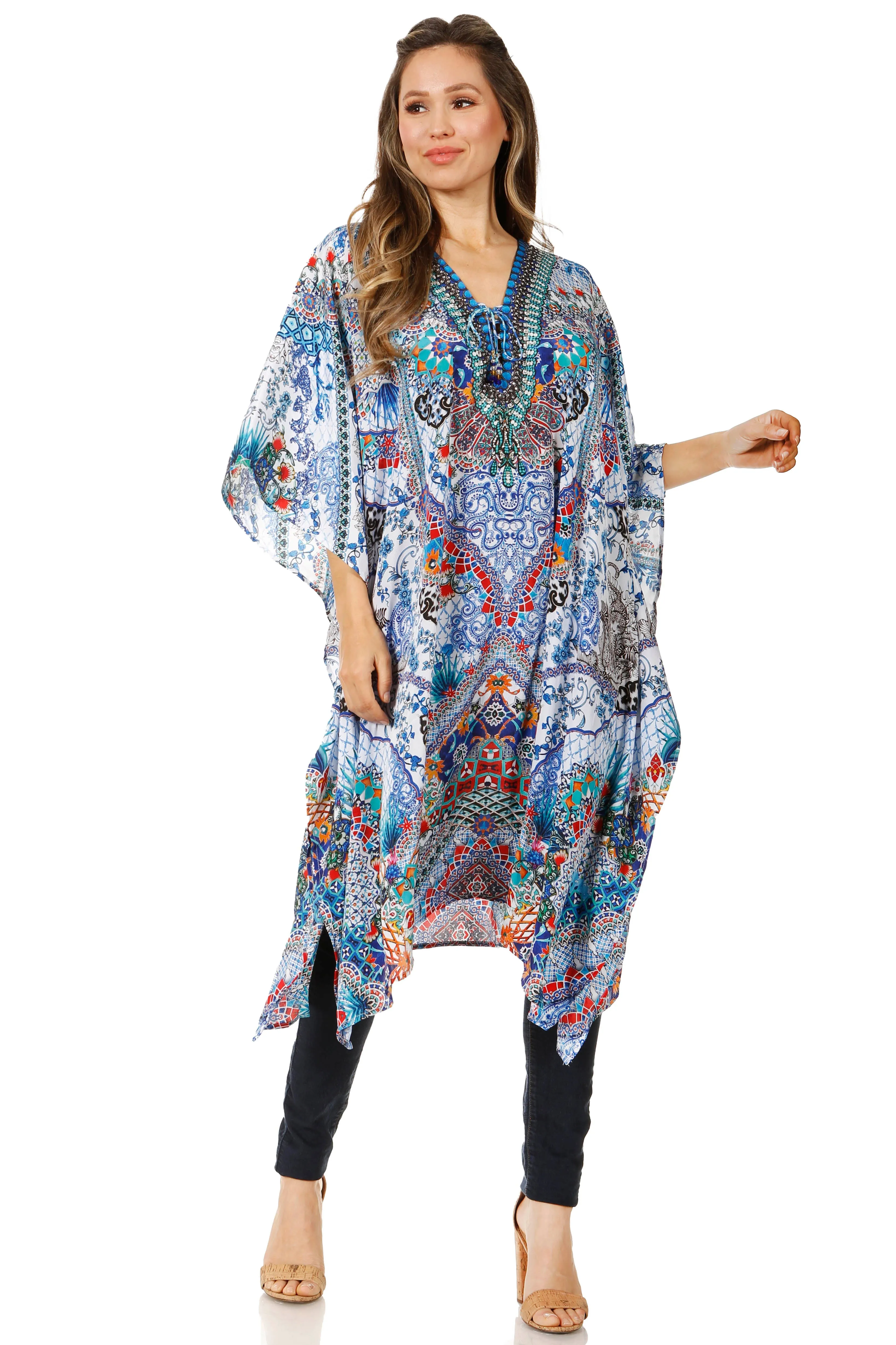 Sakkas Zeni Women's Short sleeve V-neck Summer Floral Print Caftan Dress Cover-up