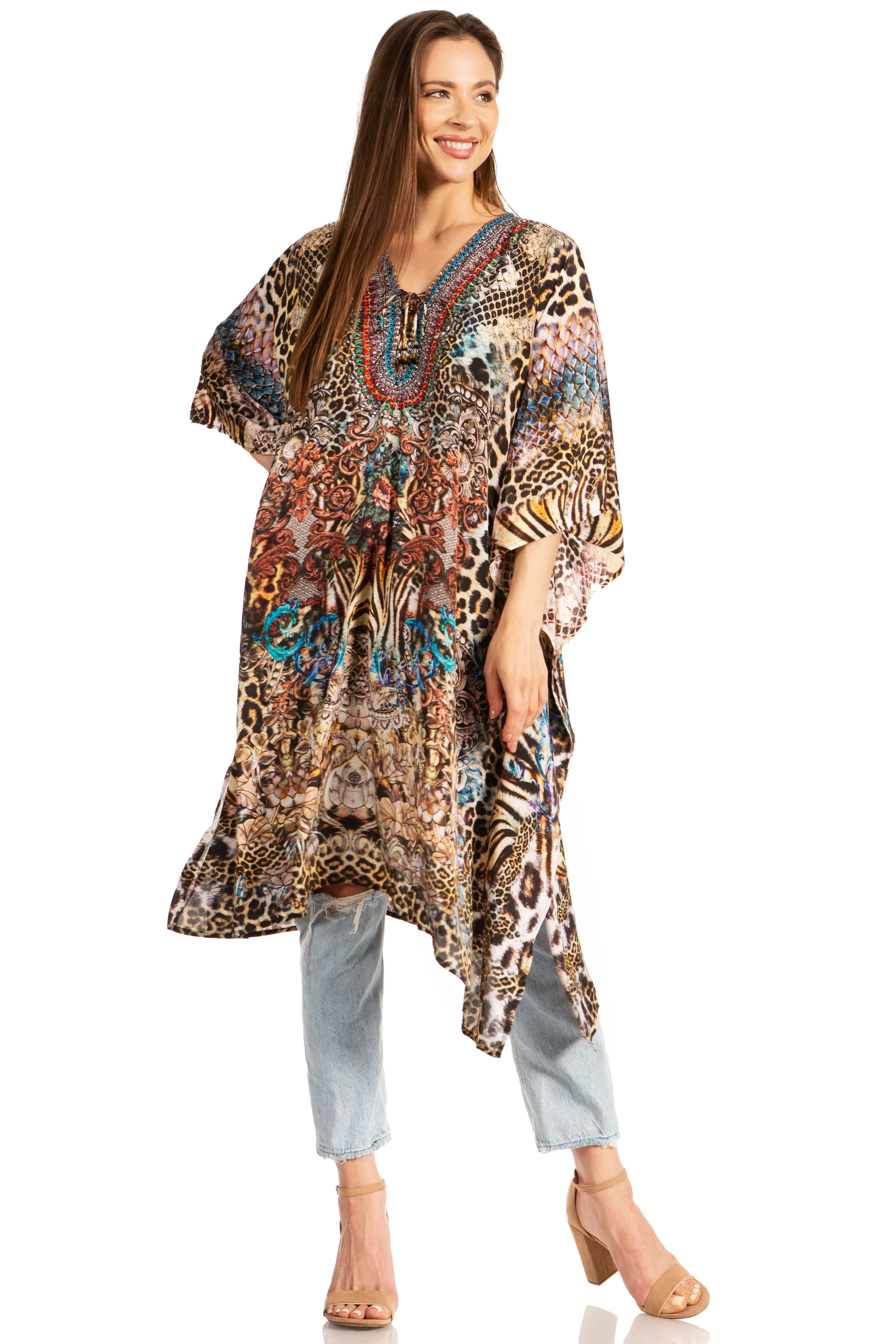 Sakkas Zeni Women's Short sleeve V-neck Summer Floral Print Caftan Dress Cover-up