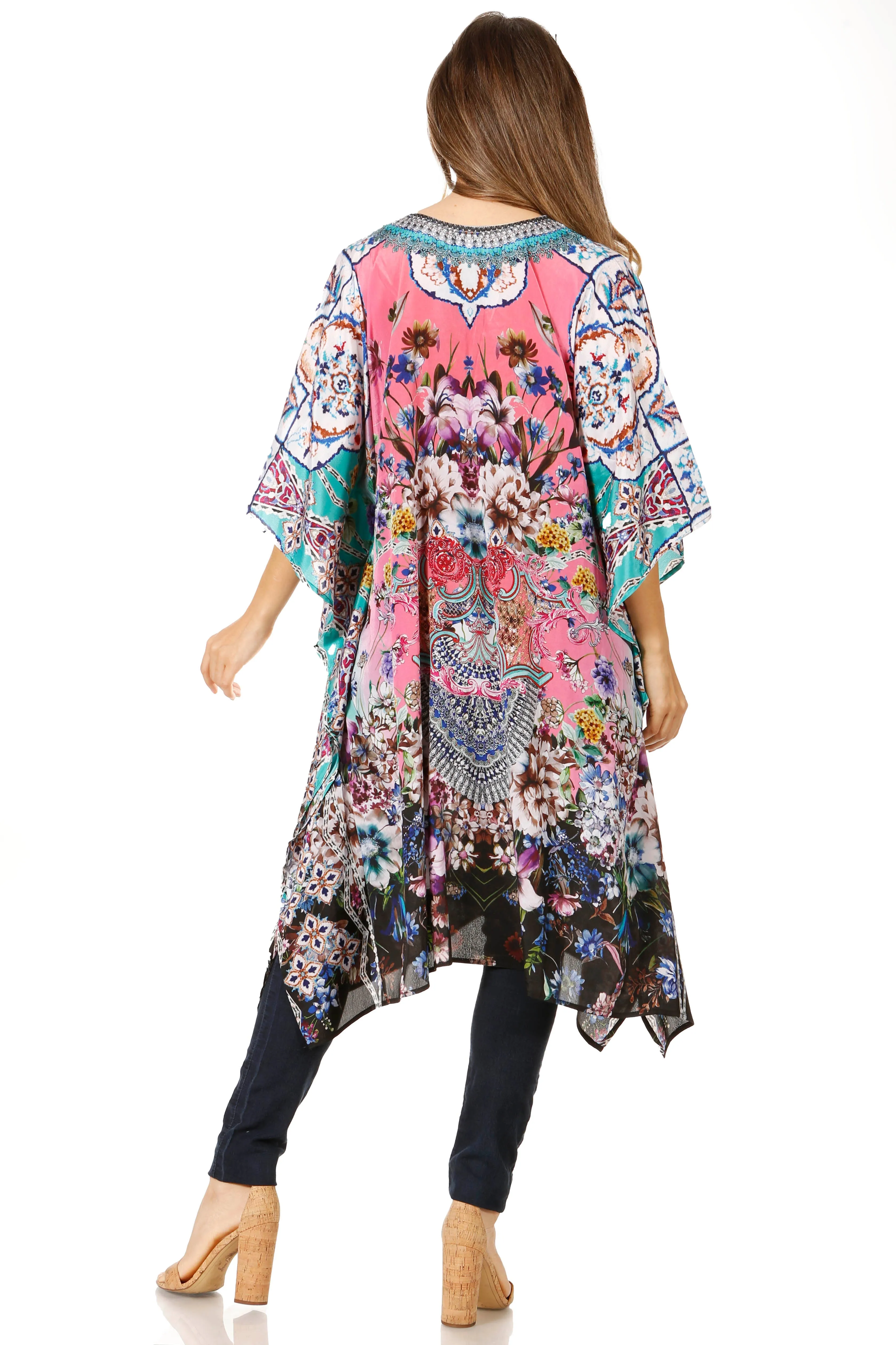 Sakkas Zeni Women's Short sleeve V-neck Summer Floral Print Caftan Dress Cover-up