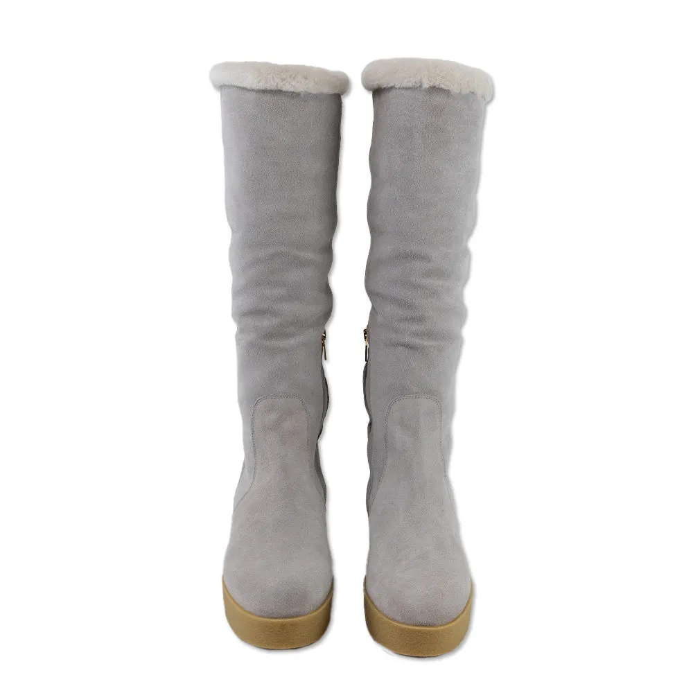 Salvatore Ferragamo Grey Suede Shearling-Lined Knee High Boots