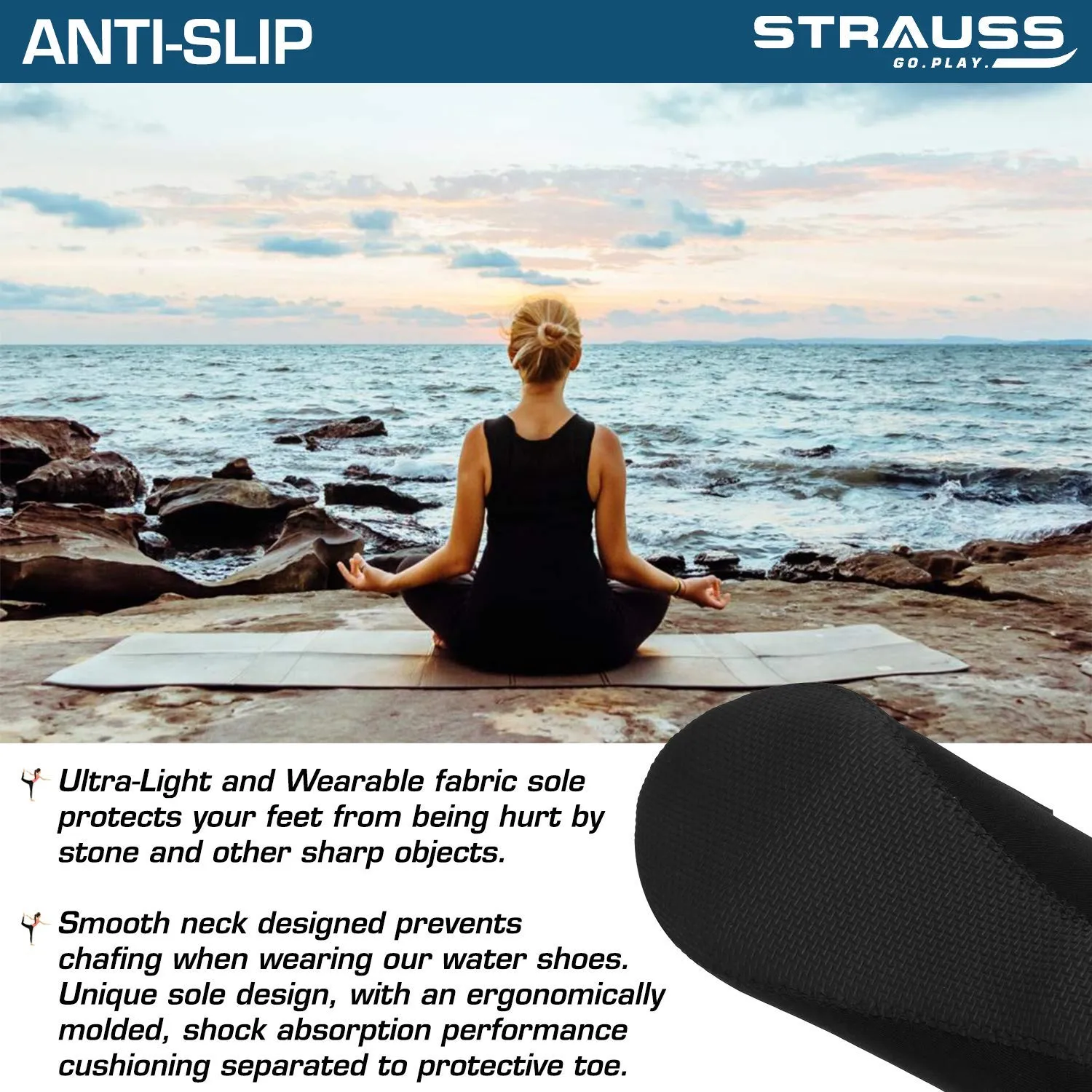 Strauss TPE Eco Friendly Dual Layer Yoga Mat, 6mm (Blue) and Yoga Shoes, (Black)