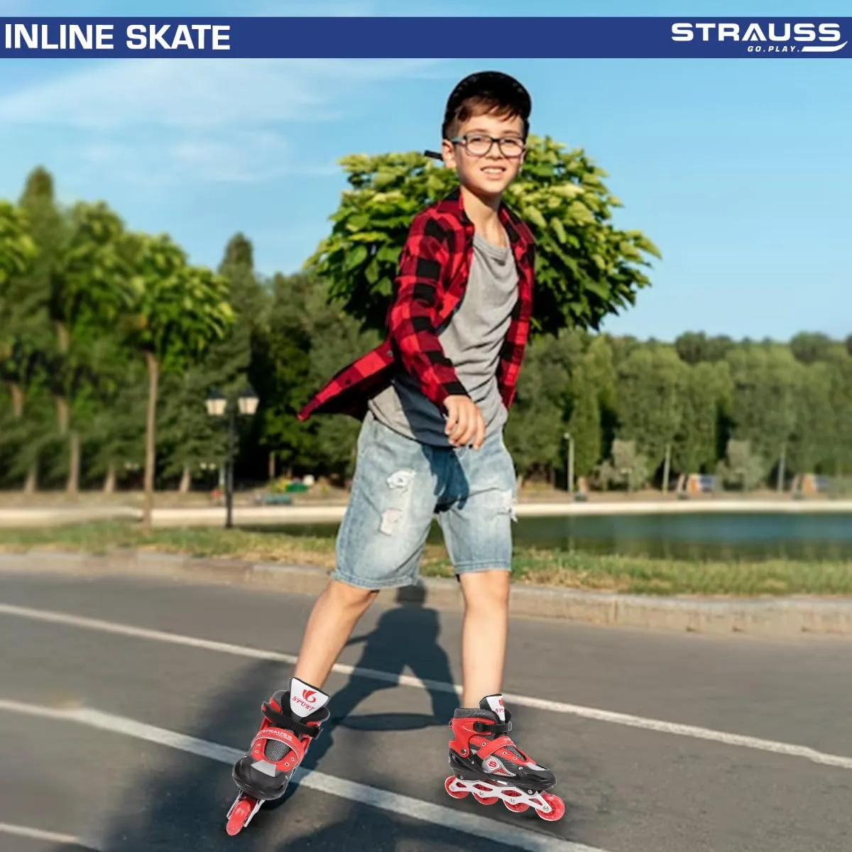 STRAUSS Vortex Adjustable Size Inline Skates | Skating Shoes for Boys & Girls | 4 Wheels |Beginner-Friendly Skating Shoe | Adjustable Roller Blades | Enhanced Stability and Support| Size S,(Red)