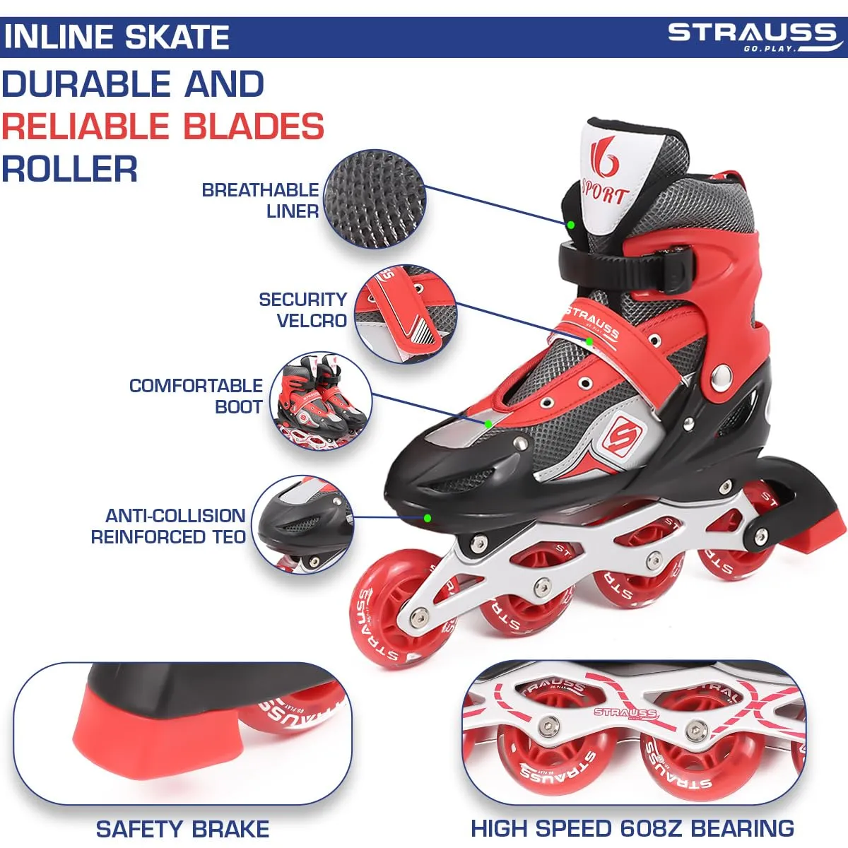 STRAUSS Vortex Adjustable Size Inline Skates | Skating Shoes for Boys & Girls | 4 Wheels |Beginner-Friendly Skating Shoe | Adjustable Roller Blades | Enhanced Stability and Support| Size S,(Red)