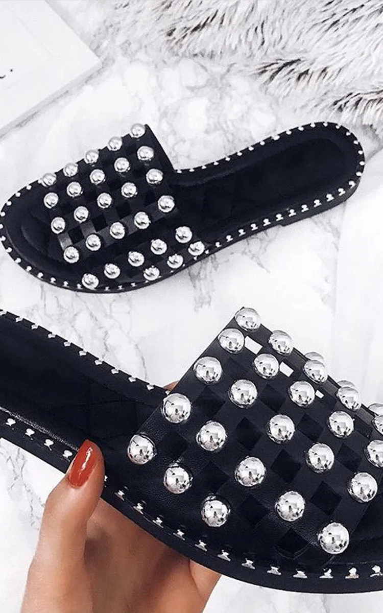 Studded Caged Open Toe Sliders