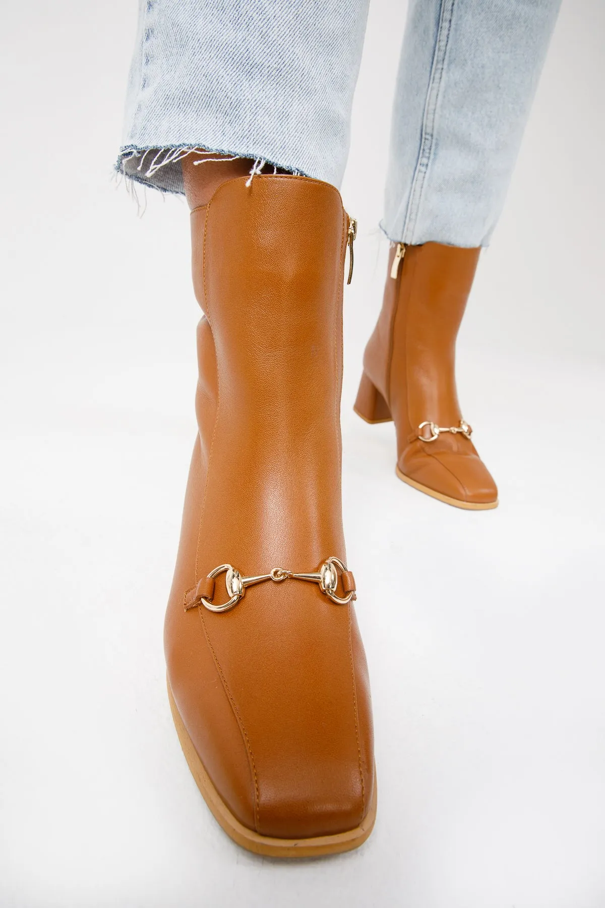 The Bukres Tan Leather Block Heel Mid Calf Women Boot