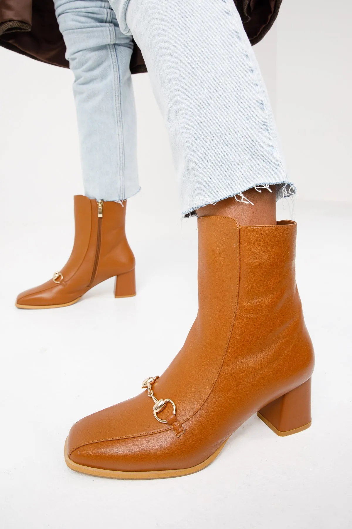 The Bukres Tan Leather Block Heel Mid Calf Women Boot