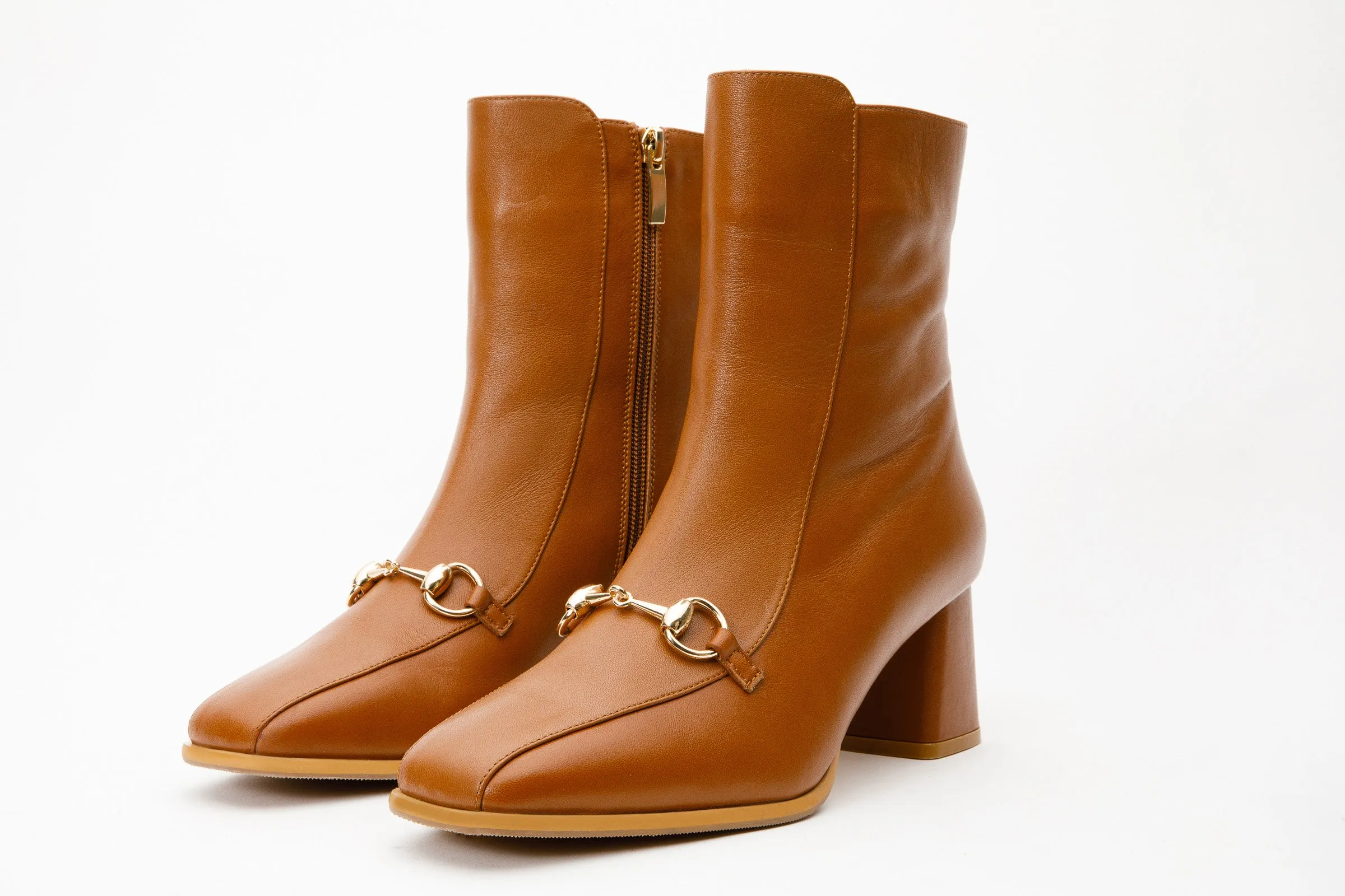 The Bukres Tan Leather Block Heel Mid Calf Women Boot